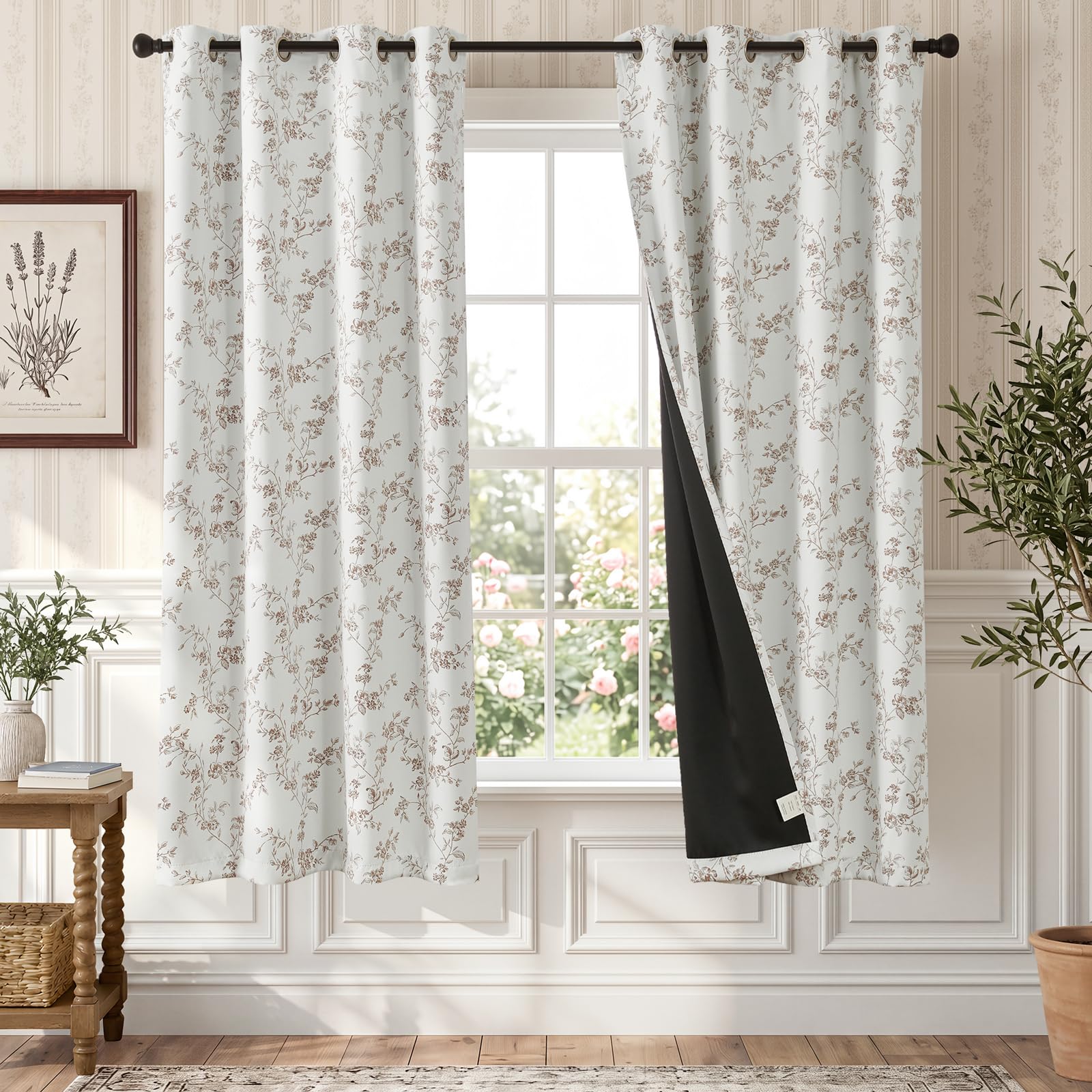 TOPICK 100% Blackout Floral Curtains W52xL63 for Bedroom Living Room, Taupe