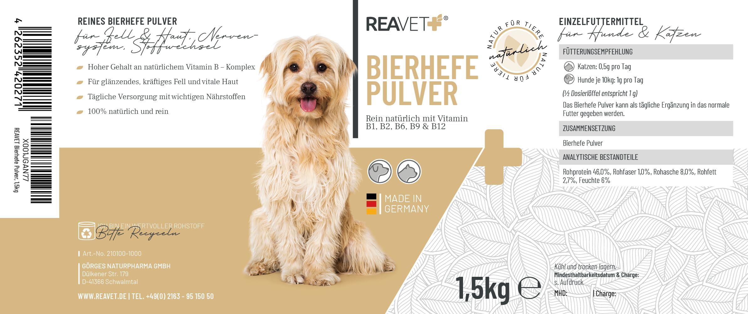 Poudre de levure de bière ReaVET pour Chiens et Chats 1,5 kg - levure de bière Pure moulue Contre la Chute des Poils et Les tiques, vitamines B Naturelles et biotine pour Chiens et Chats