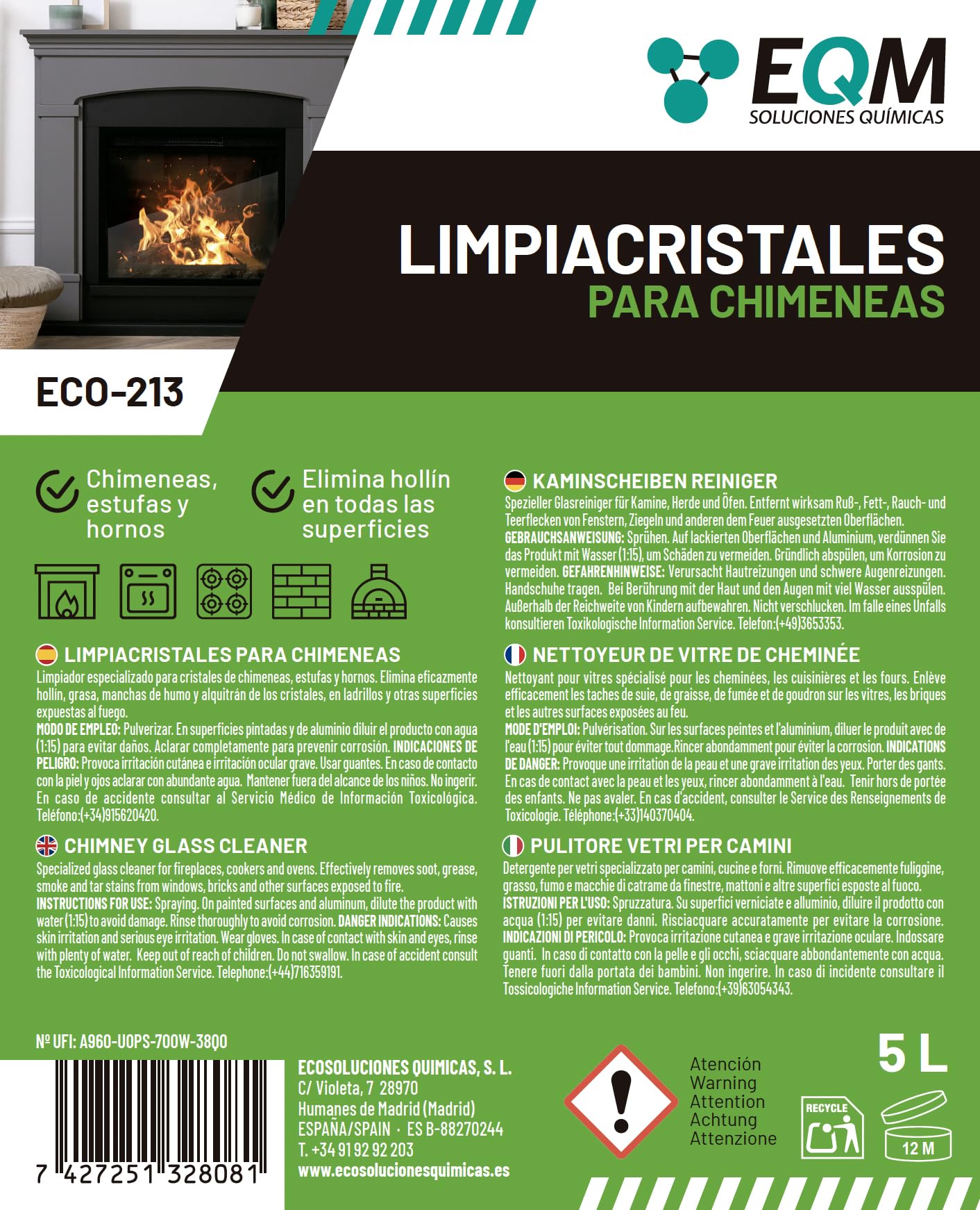 EQM - ECO-213 - Limpiacristales para Chimeneas, Estufas y Hornos - 5L - Limpia las manchas de humo y vaho de los cristales - Elimina hollín, limpia ladrillos y otras superficies expuestas al fuego — view 8