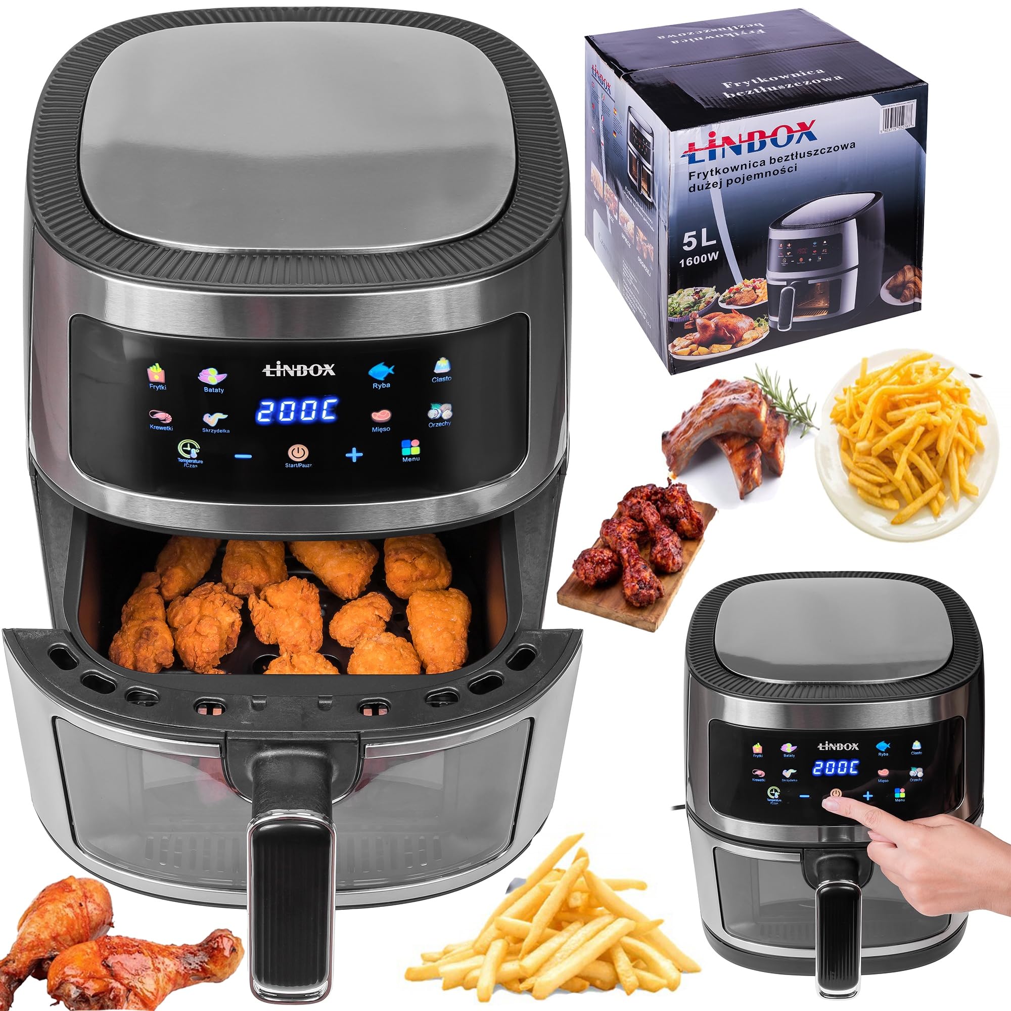 FRYTKOWNICA BEZTŁUSZCZOWA AIR FRYER LINBOX INOX CZARNA POLSKIE MENU