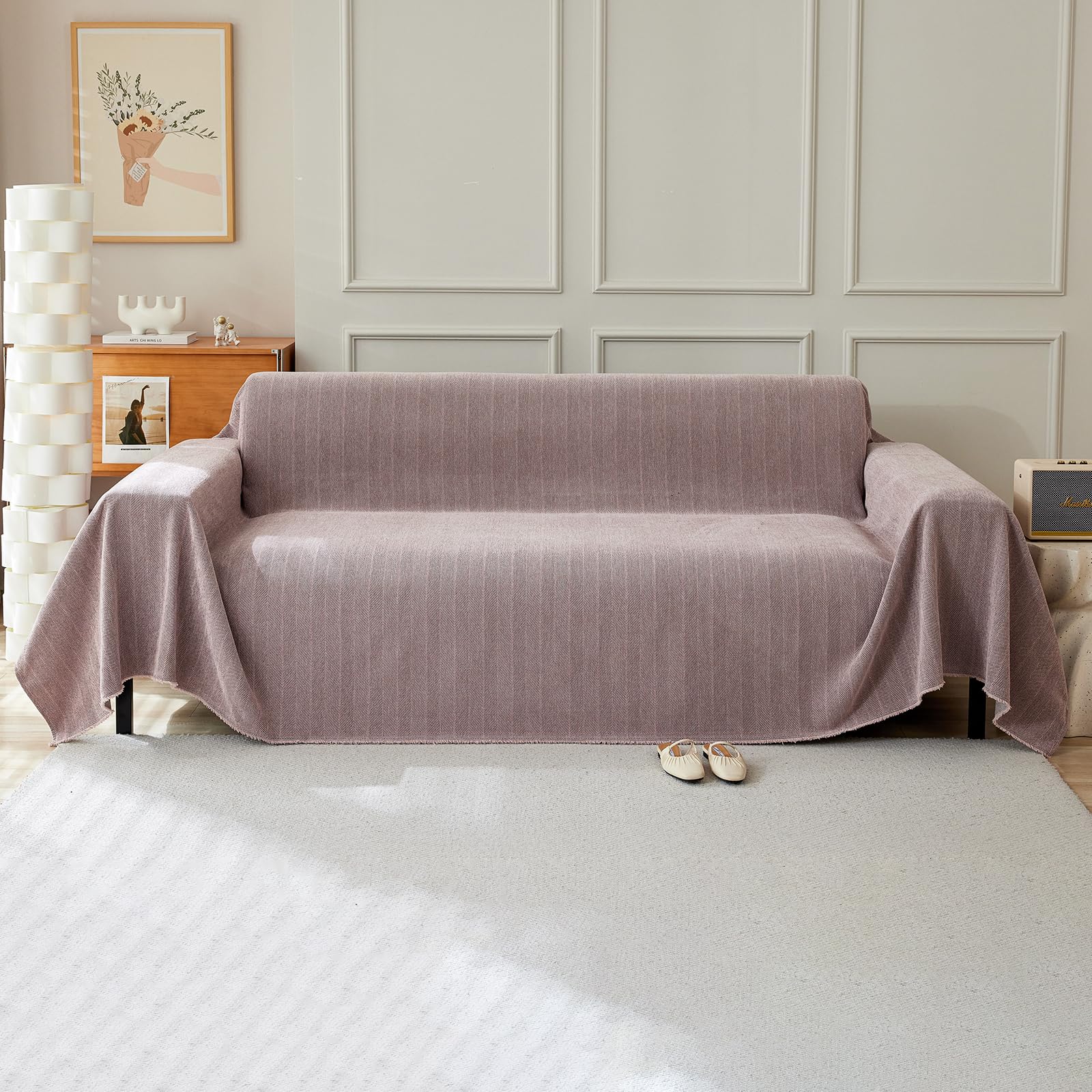 VanderHOME Solid Color Sofa Throws Couch Cover with Decorative Fringe Bedspread, Multifunctional Chenille Sofa blanket,Ideal for Sofa Couch Bench and Bed 230 * 230cm-Pink