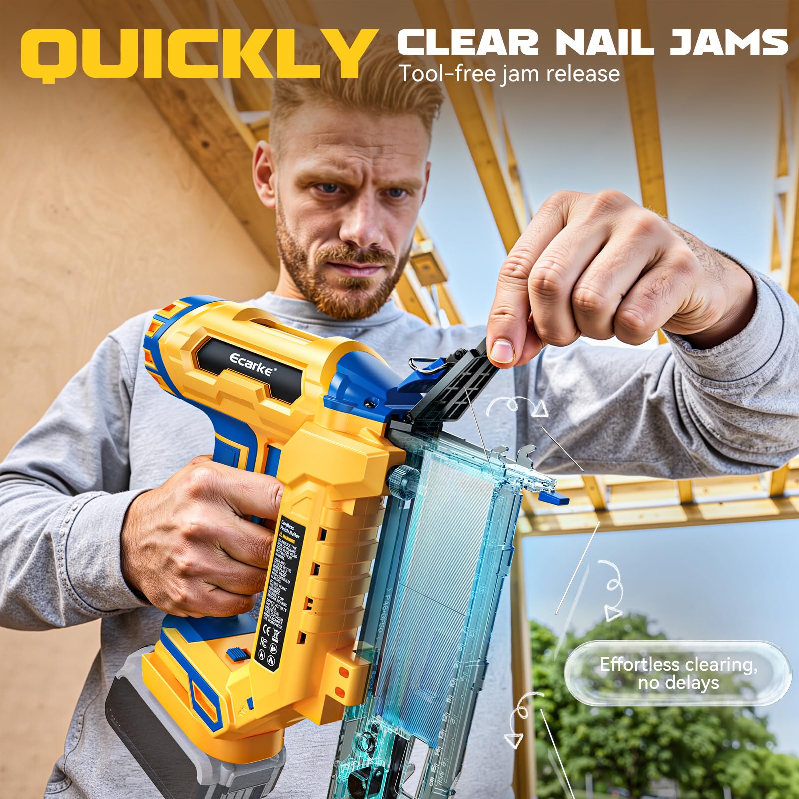 Ecarke Finish Nailer - Clavadora de calibre 16 compatible con batería Dewalt de 20 V, clavadora recta inalámbrica de 3/4 a 2-1/2 pulgadas, ajuste sin herramientas, pistola de clavos de doble modo de