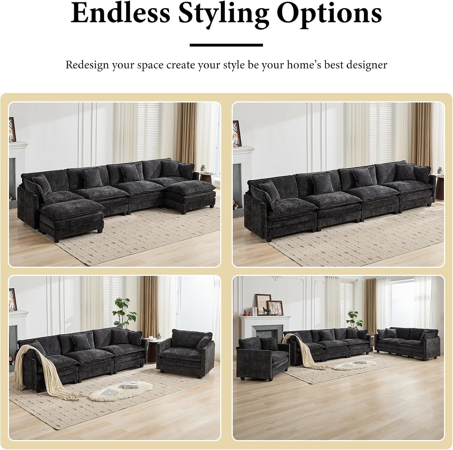 ODUSE-DAILY 76.7" Oversized Black Loveseat Sofa, 2 Seater Large Sectional Couches for Living Room, Chenille Fabric Modular Sectional Sofa with 1 Ottoman, Deep Seat Modern Sofas Set, Love Seat Couches