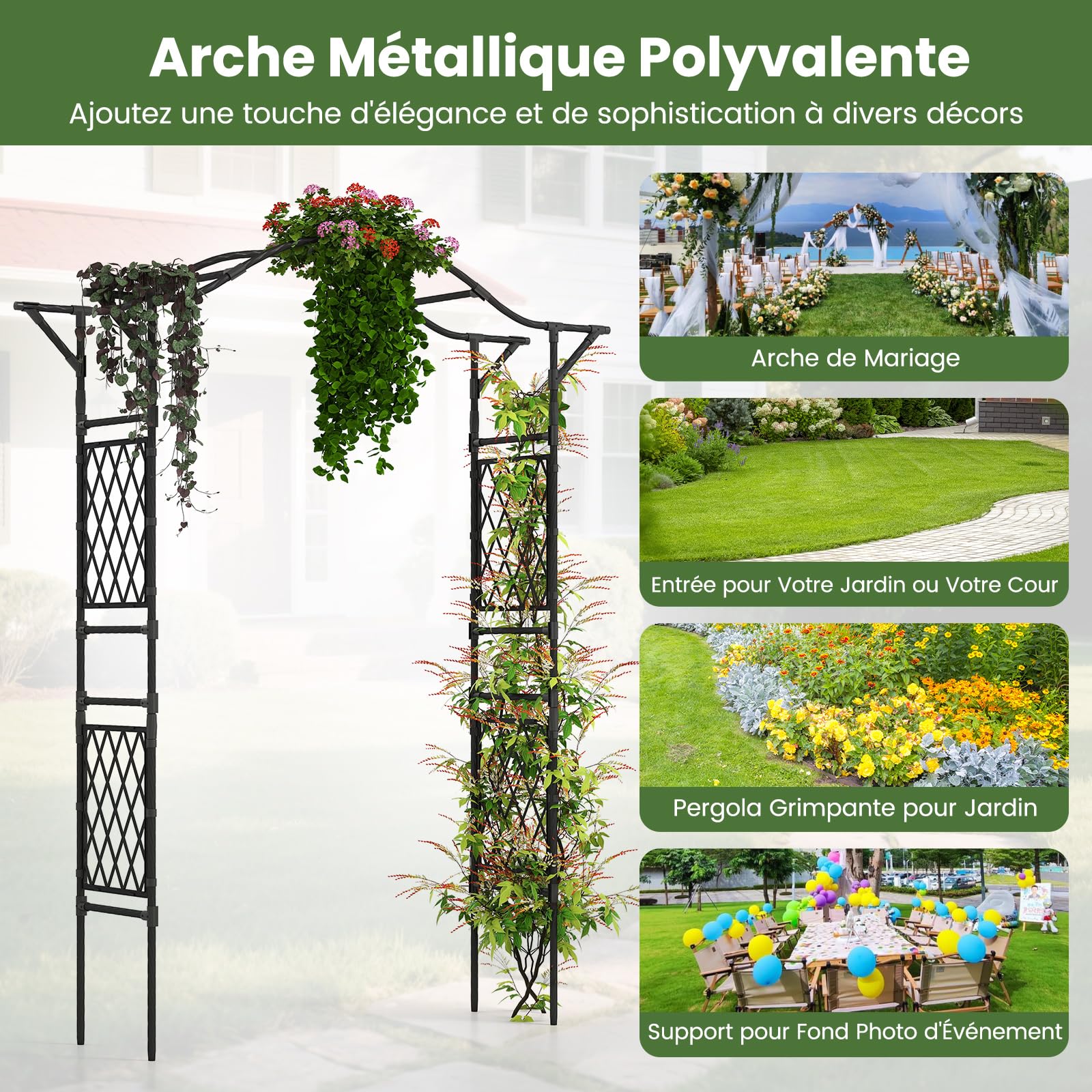 GOPLUS Arche de Jardin 210 CM avec Treillis, Arceau Porte de Jardin Rosiers Exterieur en Métal pour Plantes Grimpantes,Plantes Vignes, Décoration de Fête Mariage (Noir,170 x 39 x 210 cm)