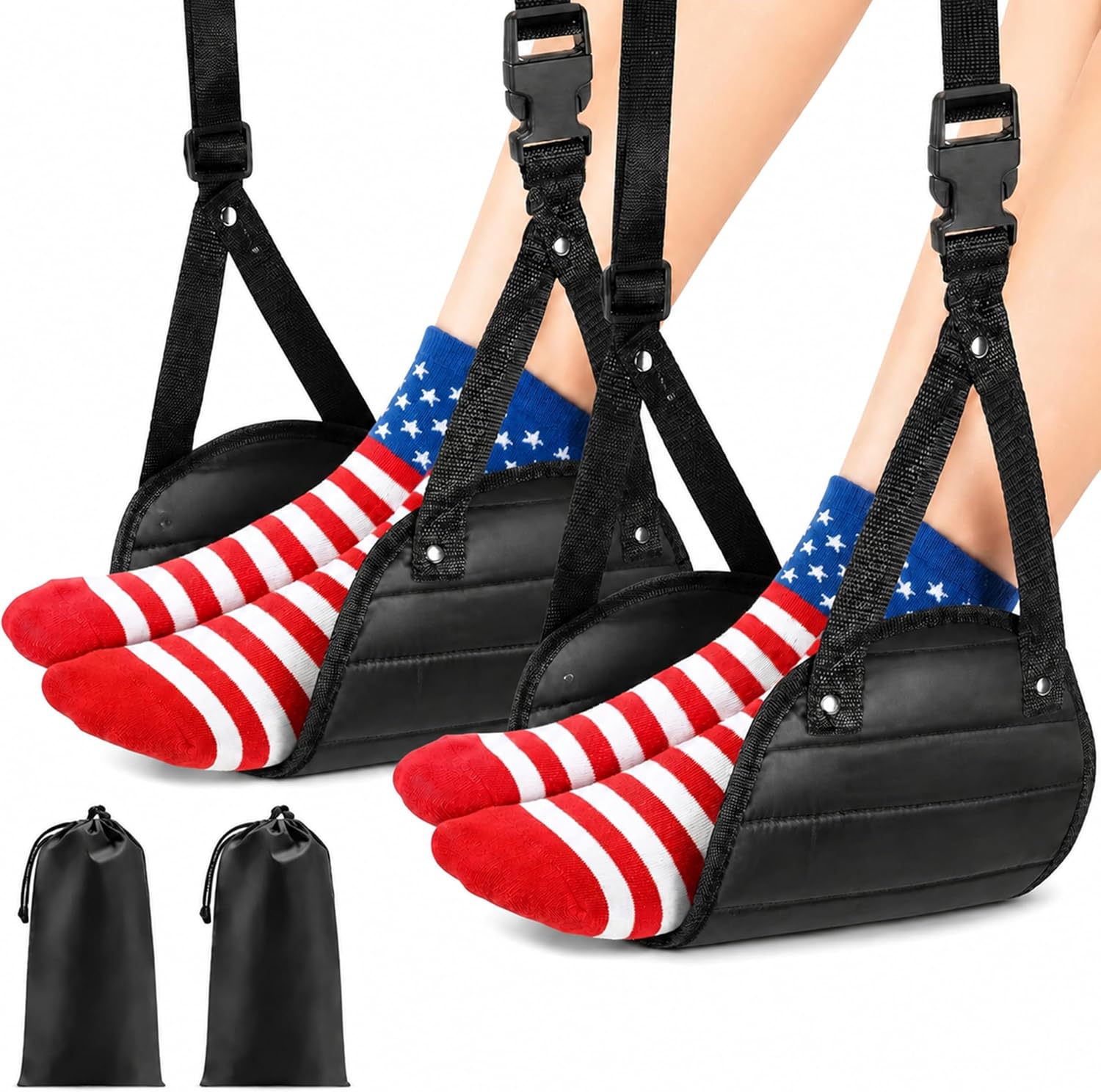Airplane Footrest Hammock,Longer Adjustable Foot Rest,Black,2 Pack
