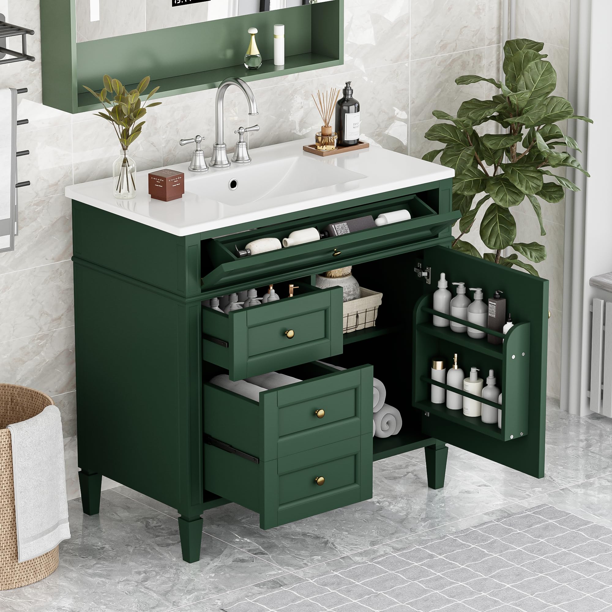 Udorich Maximize Bathroom Storage with 36'' Vanity and Sink, Modern Design with 3 Drawers, Tip-Out Drawer, Green Finish