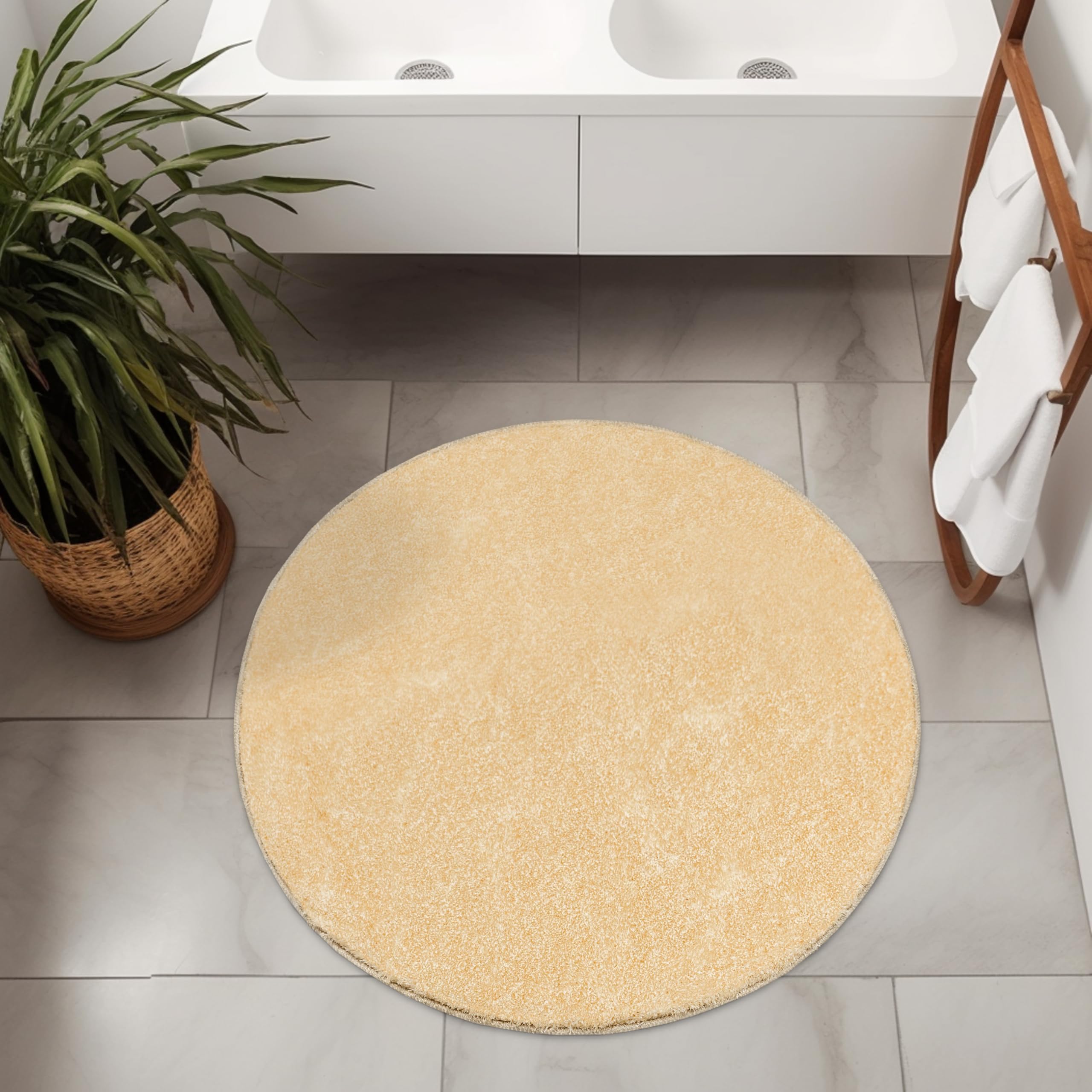 Malmo Beige Teppich mit Glanz Runden 100 cm Shaggy Badematten & Badteppiche Badezimmerteppich Bad Vorleger waschbar rutschfest Bathroom Rug dusche Teppich Badmatten Schlafzimmerteppich