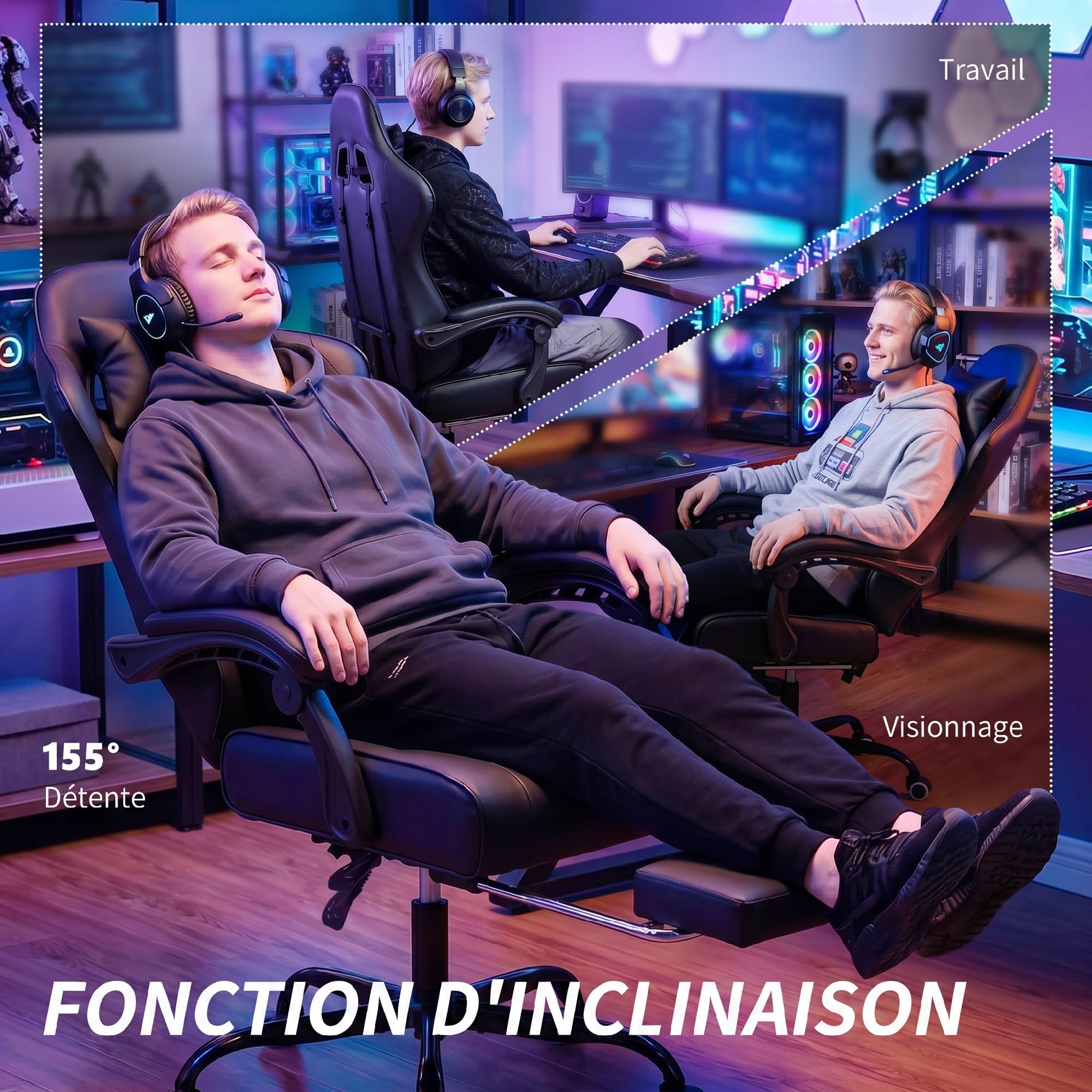 HOMCOM Silla Gaming Ergonómica Sillón Gamer 63 x 66 x 126-134 cm, Negro | Soporte para lumbar, respaldo reclinable, altura ajustable, reposapiés, reposacabezas, muebles de oficina