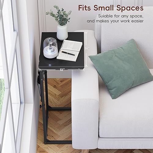 Miniatura 4 de Vagusicc Mesa auxiliar en forma de C con estación de carga, mesa auxiliar de altura ajustable para sofá, mesa de sofá pequeña, mesa de sofá