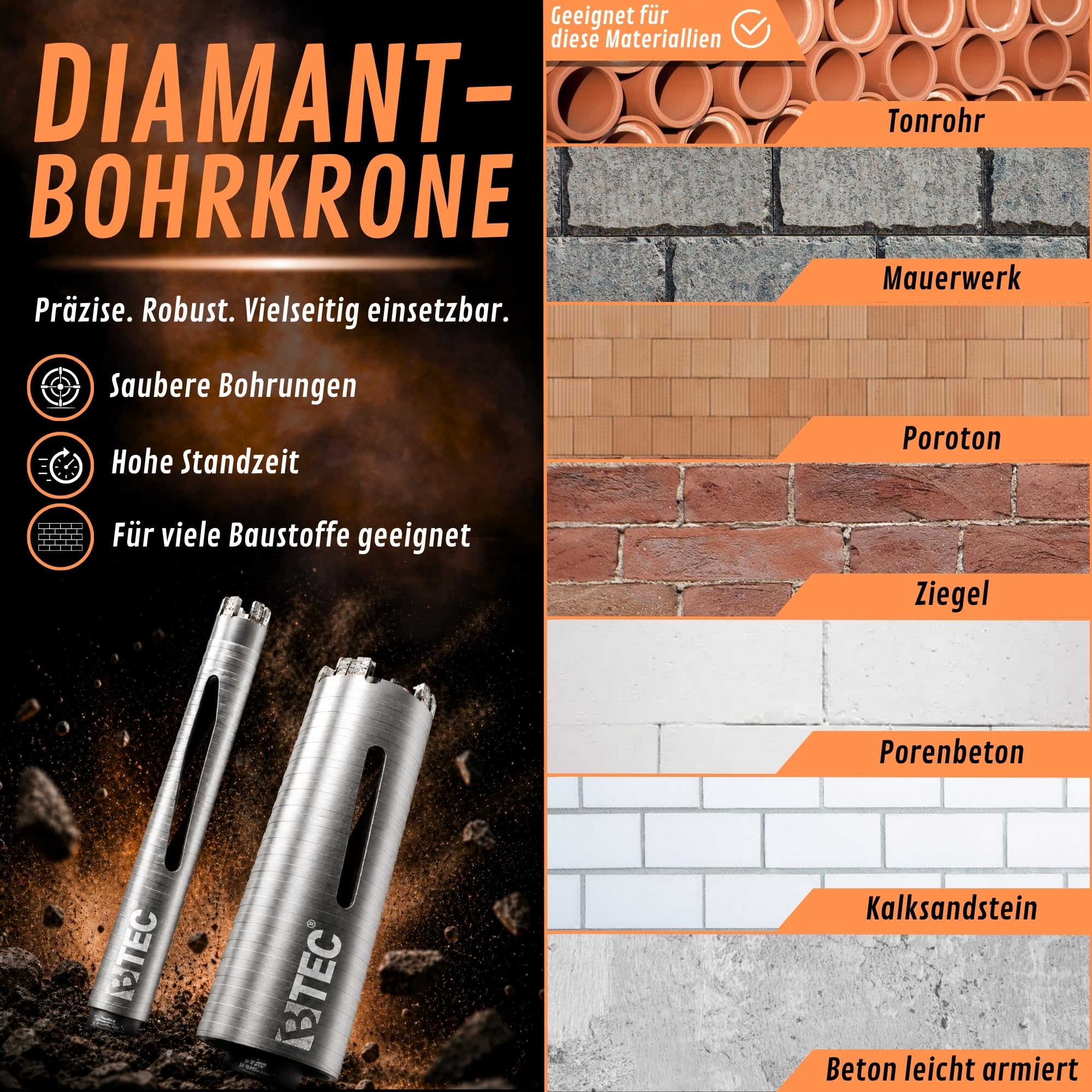 Corona diamantata SDS-plus, attacco e punta di centraggio, lunghezza utile 180 mm, Ø 132 mm, corona per calcestruzzo