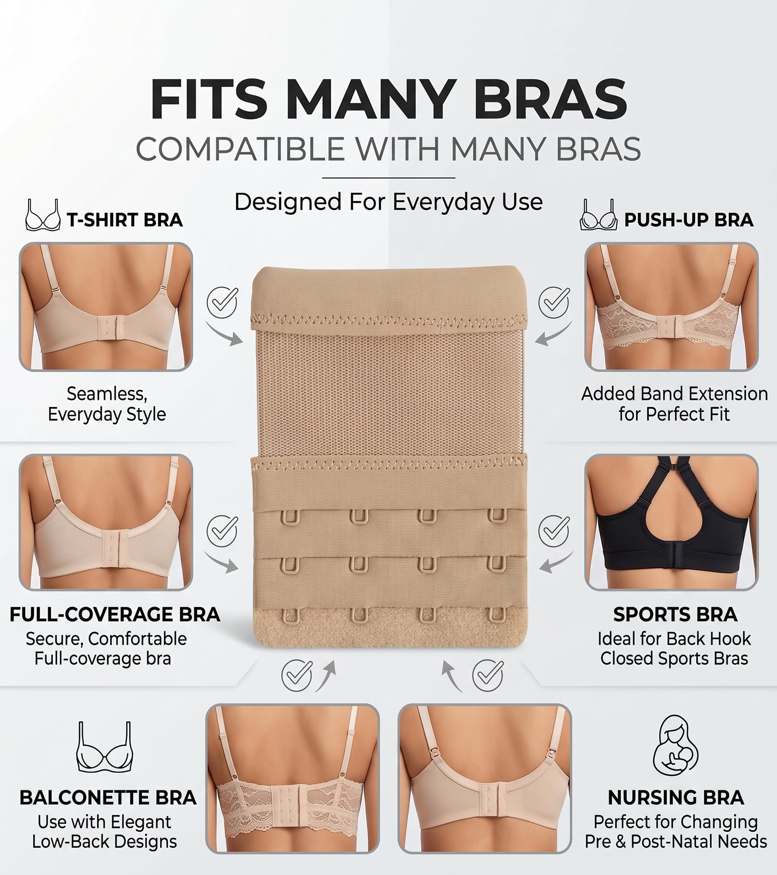 DClub Extensor de brasier con 2 ganchos, elástico, suave y cómodo, extensor de correa de brasier para mujeres en embarazo o aumento de peso., Piel, 3 PIECES