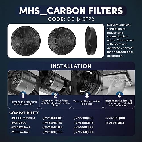 Miniatura 5 de Filtro de carbón para campana extractora para GE JXCF72, WB02X24842, WB02X24841 y BOSCH 11013078, HUIF06UC MHS FILTERS (2 unidades)