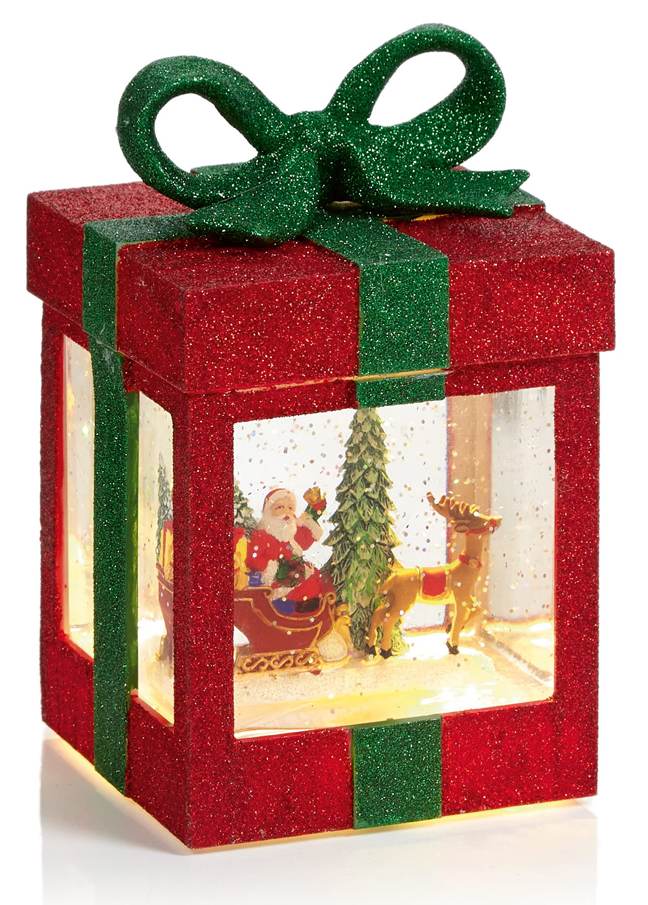 Premier Red Green Quality Festive Christmas Red & Green Glitter Metal Gift With Santa Reindeer & Sleigh Led Water Spinner With Glitter Snow, 18Cm X 11Cm X 11Cm (201278)