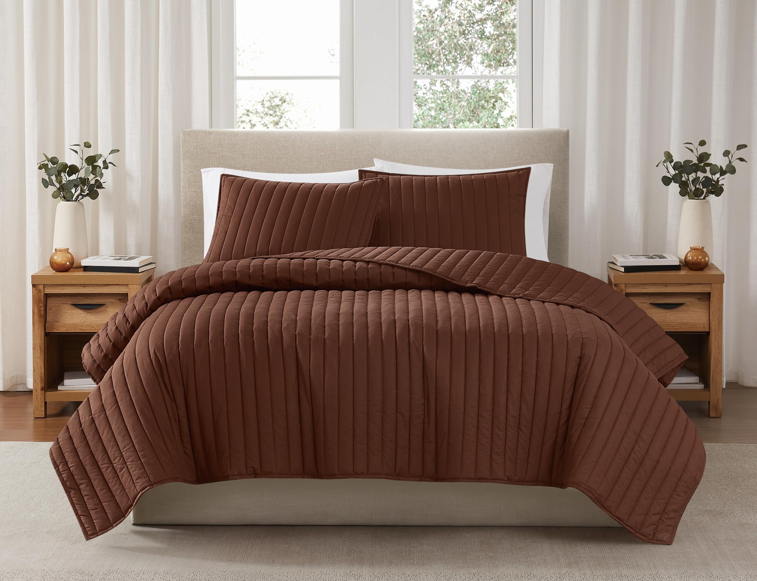 Brooklyn Loom Solid Cotton Percale Brown Full/Queen 3 Piece Quilt Set