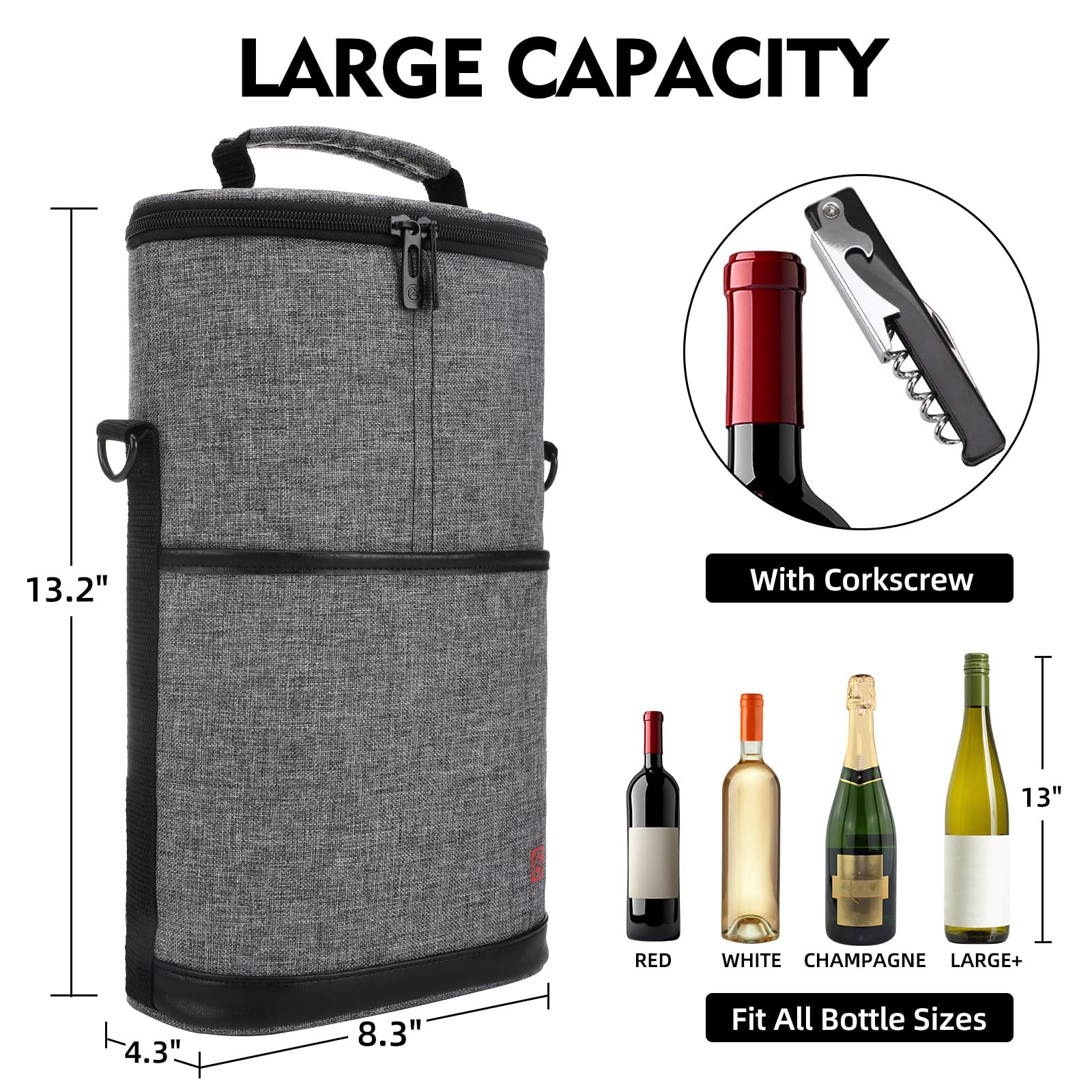 ALLCAMP 2 Bottle Wine Tote Carrier - Insulated Portable Padded Canvas Wine Bag for Travel, BYOB Restaurant, Wine Tasting, Party, Great Christmas Day Gift for Wine Lover，Gray