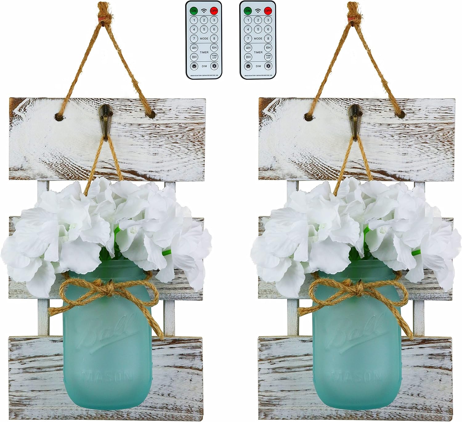 Marino Essentials Mason Jar Wall Sconces | Remote Control LED Lights | Farmhouse Decor for Living Room Wall Decor | Silk Hydrangea Design for Home Decoration | Set of Two (White-Blue Jar)