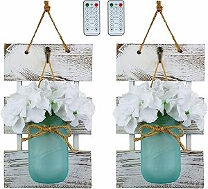 Marino Essentials Mason Jar Wall Sconces | Remote Control LED Lights | Farmhouse Decor for Living Room Wall Decor | Silk Hydrangea Design for Home Decoration | Set of Two (White-Blue Jar)