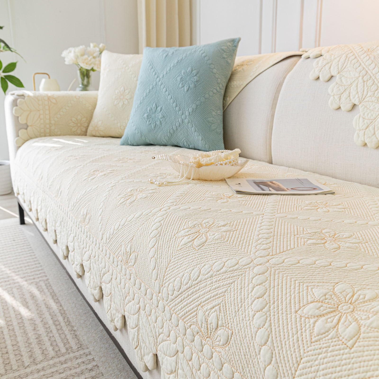 vctops Farmhouse 100% Cotton Quilted Couch Cover Floral Embroidered Sofa Cover Non-Slip Soft Sofa Slipcover Washable Furniture Protector (Cream,36"x82