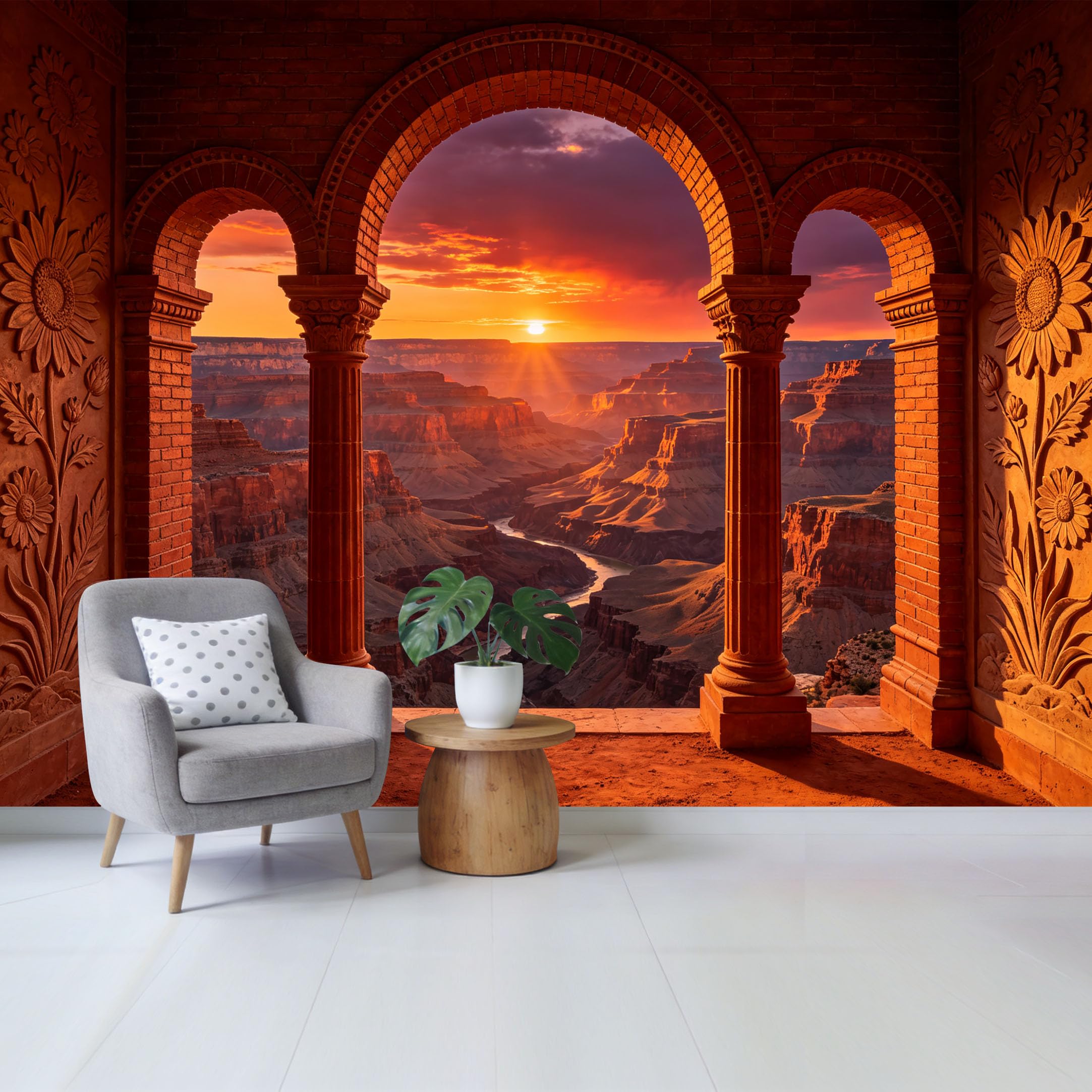 Custom Size Wall Mural Sunset Canyon View Through Brick Archway Landscape Removable Self Adhesive Fabric Home Wall Decor for Living Room Bedroom Bathroom