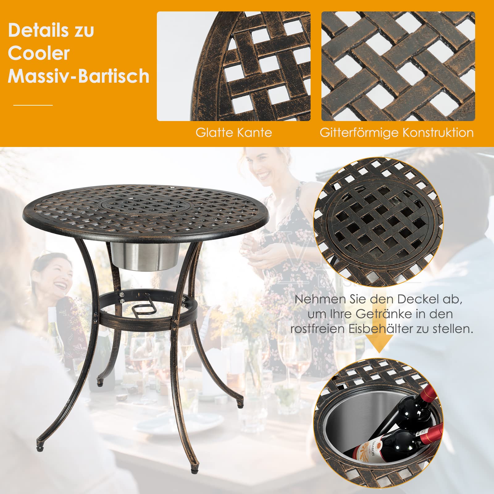 COSTWAY 3-częściowy zestaw mebli ogrodowych, stół bistro z 2 krzesłami, zestaw bistro ze zdejmowanym wiadrem na lód, meble balkonowe z odlewu aluminiowego, meble tarasowe, zestaw ogrodowy na taras