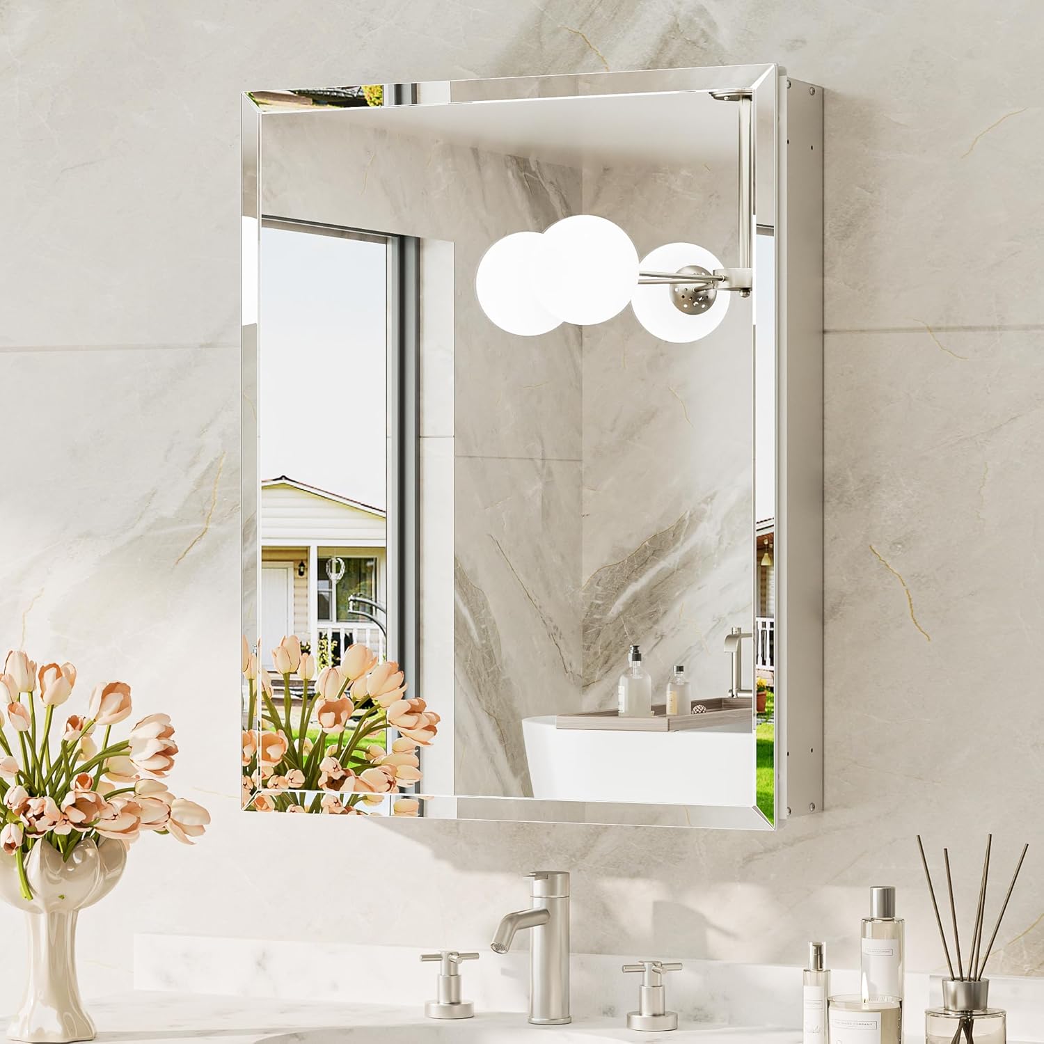 TokeShimi 20 x 26 Recessed Medicine Cabinet with Mirror, Assembly Required, Frameless Medicine Cabinet for Bathroom, Tempered Beveled Mirror, Stepless Adjustable Shelves, DTC Hinge