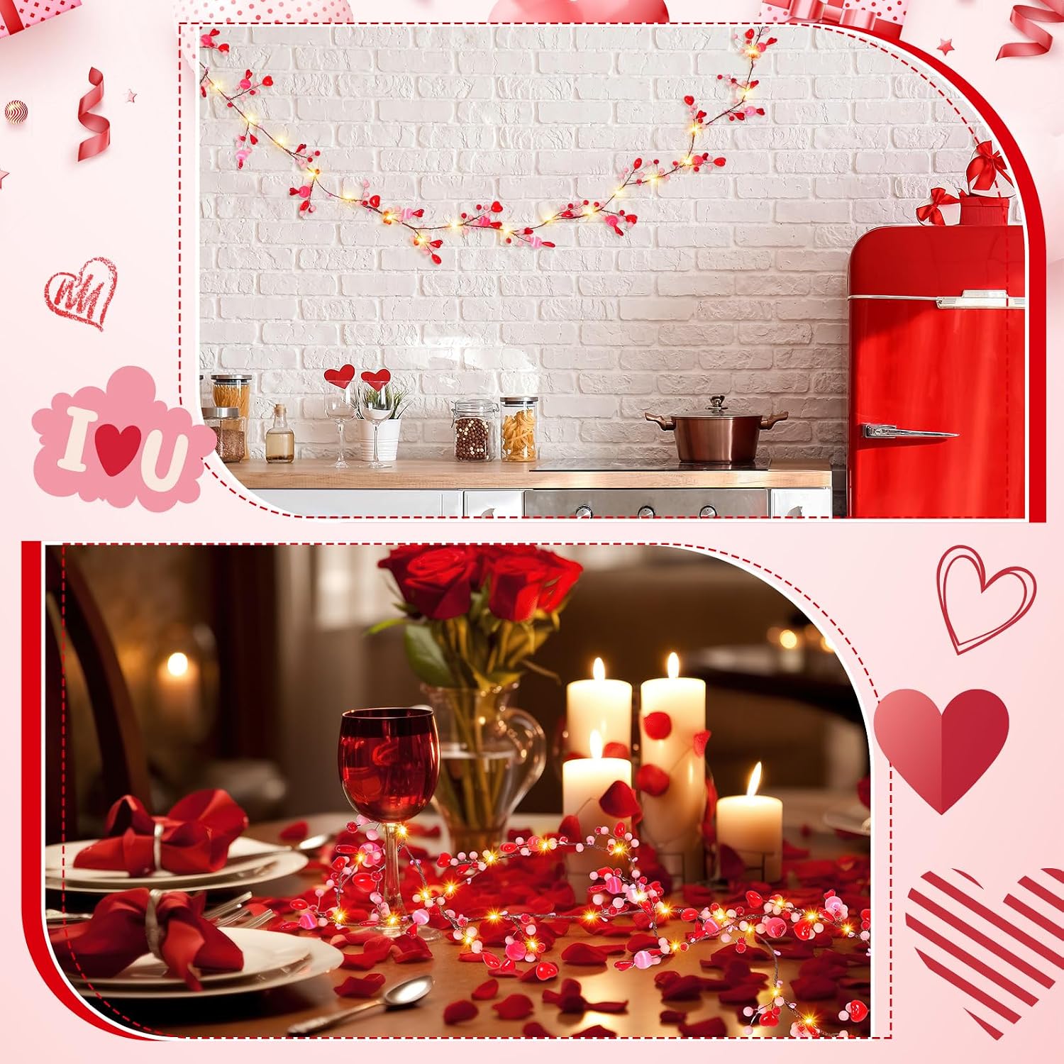 Glooglitter 6.5ft Valentine's Day Garland with String Lights Pink Red Berry Garland Battery Powered Heart Shaped Ball Fairy String Lights for Valentine's Day Party Home Table Wall Decoration