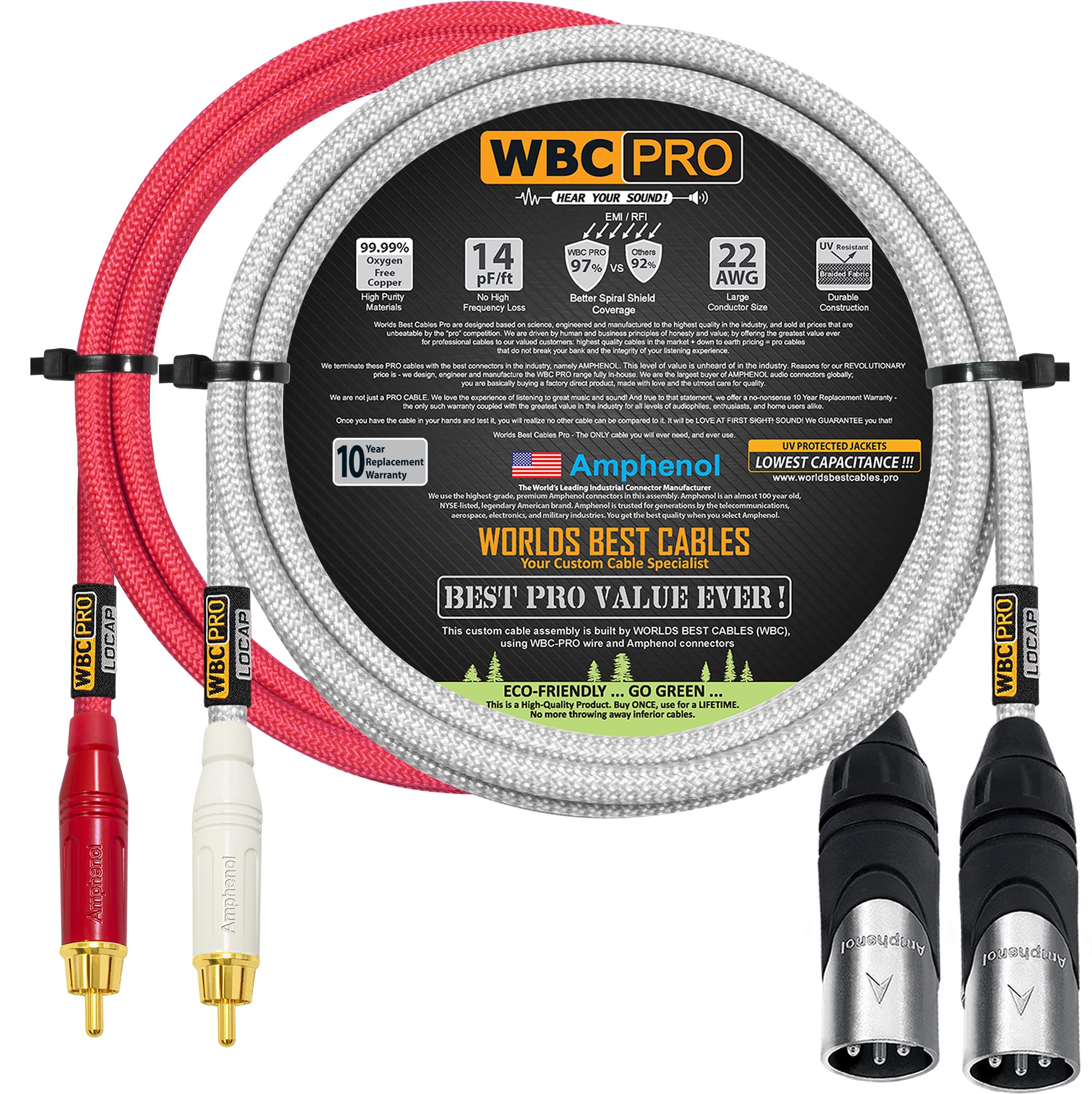 Coppia di cavi da RCA a XLR (maschio) da 1,2 m, WBC-PRO-LOCAP a bassa capacità (14 pF/ft) 22 AWG, cavo di interconnessione audio ultra silenzioso e di qualità professionale, connettori Amphenol e