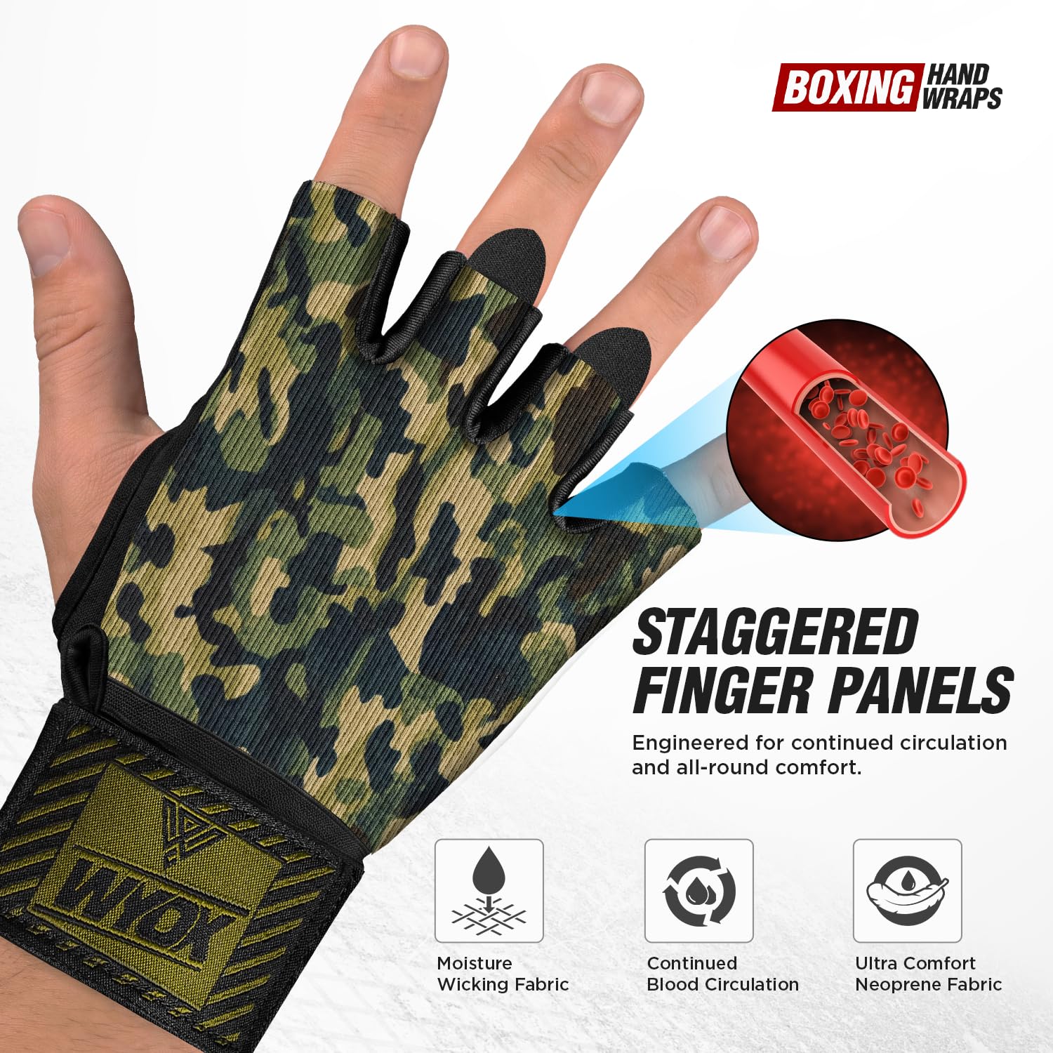 WYOX Fasce in gel di alta qualità per guantoni da boxe, polsiere rapide da 80 cm, imbottite, per uomini, donne, muay thai, MMA, kickboxing, arti marziali (giungla mimetica, L/XL)