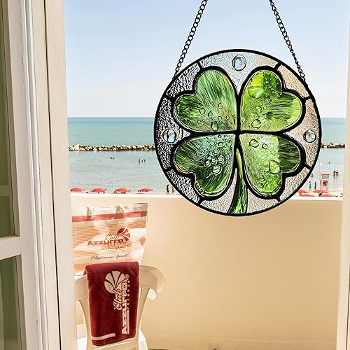 Miniatura 4 de Atrapasoles de Vidrio Manchado para Ventana, Trébol de 4 Hojas en Verde y Plata para Colgar en Ventana o Puerta, Decoración para el Hogar, Planta,