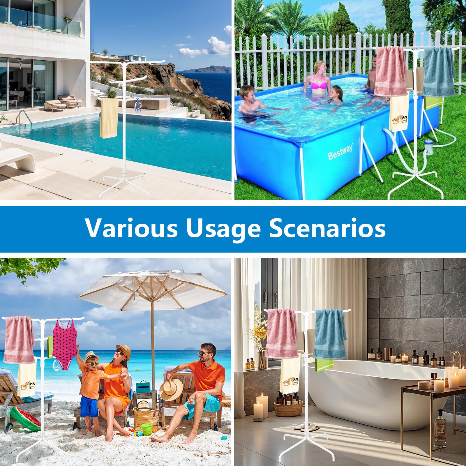 Toallero de piscina al aire libre, 6 barras de columna, toallero de pie, soporte ajustable para toallas de piscina y patio con base pesada (blanco