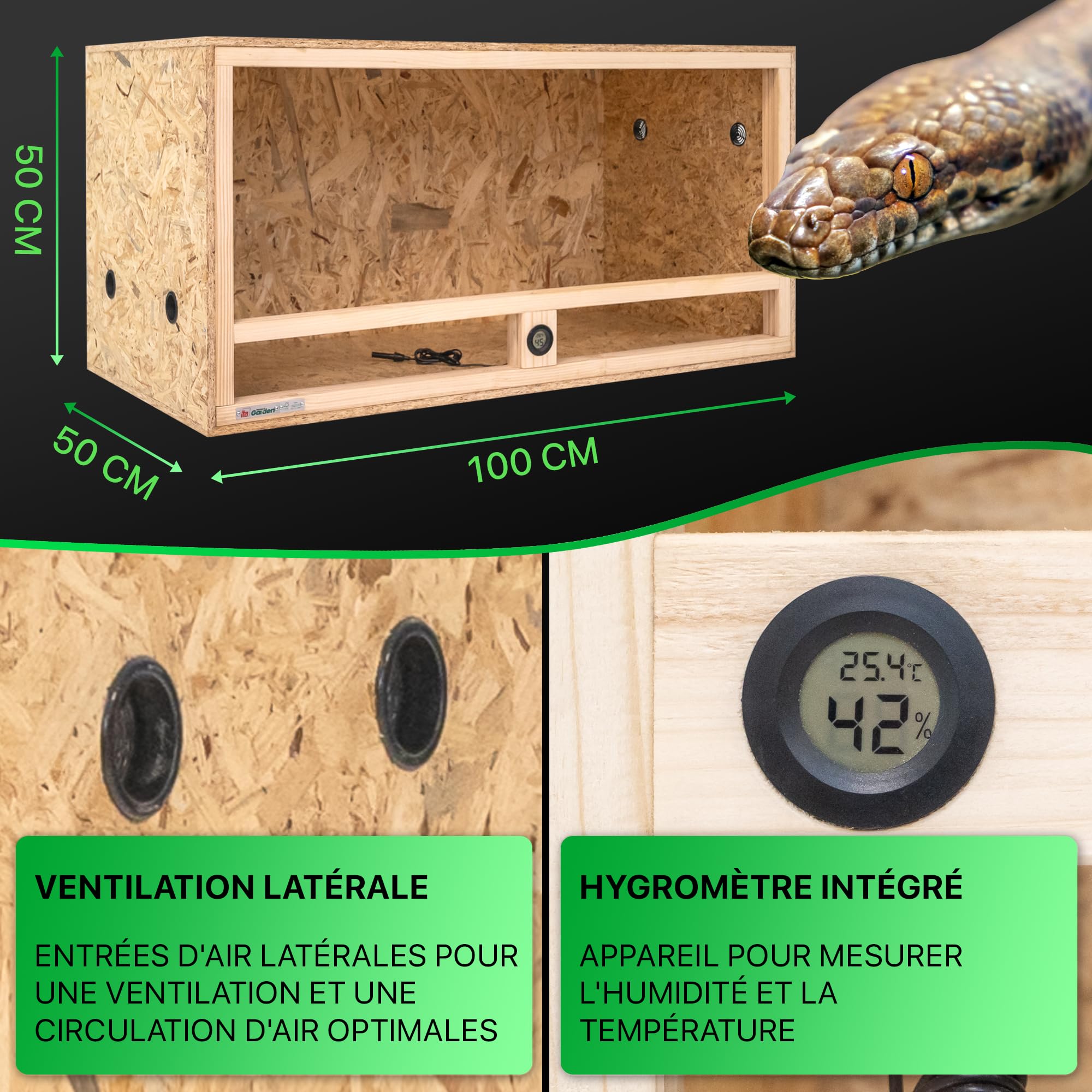 Terrarium Bois 100x50x50 cm avec Ventilation latérale & hygromètre intégré - OSB-3 pour Reptiles, Serpents, Amphibiens