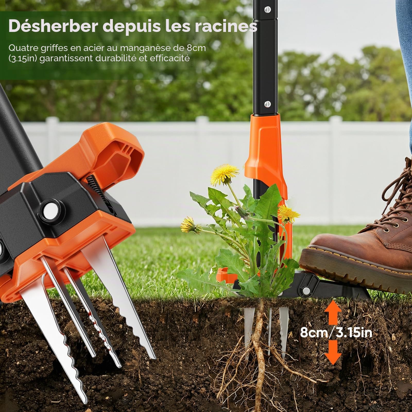Sarcloir de 85 à 100 cm à longueur réglable, outil à long manche avec 4 griffes, outil robuste pour arracher les racines de pissenlits, outils de jardinage pour la cour et la pelouse