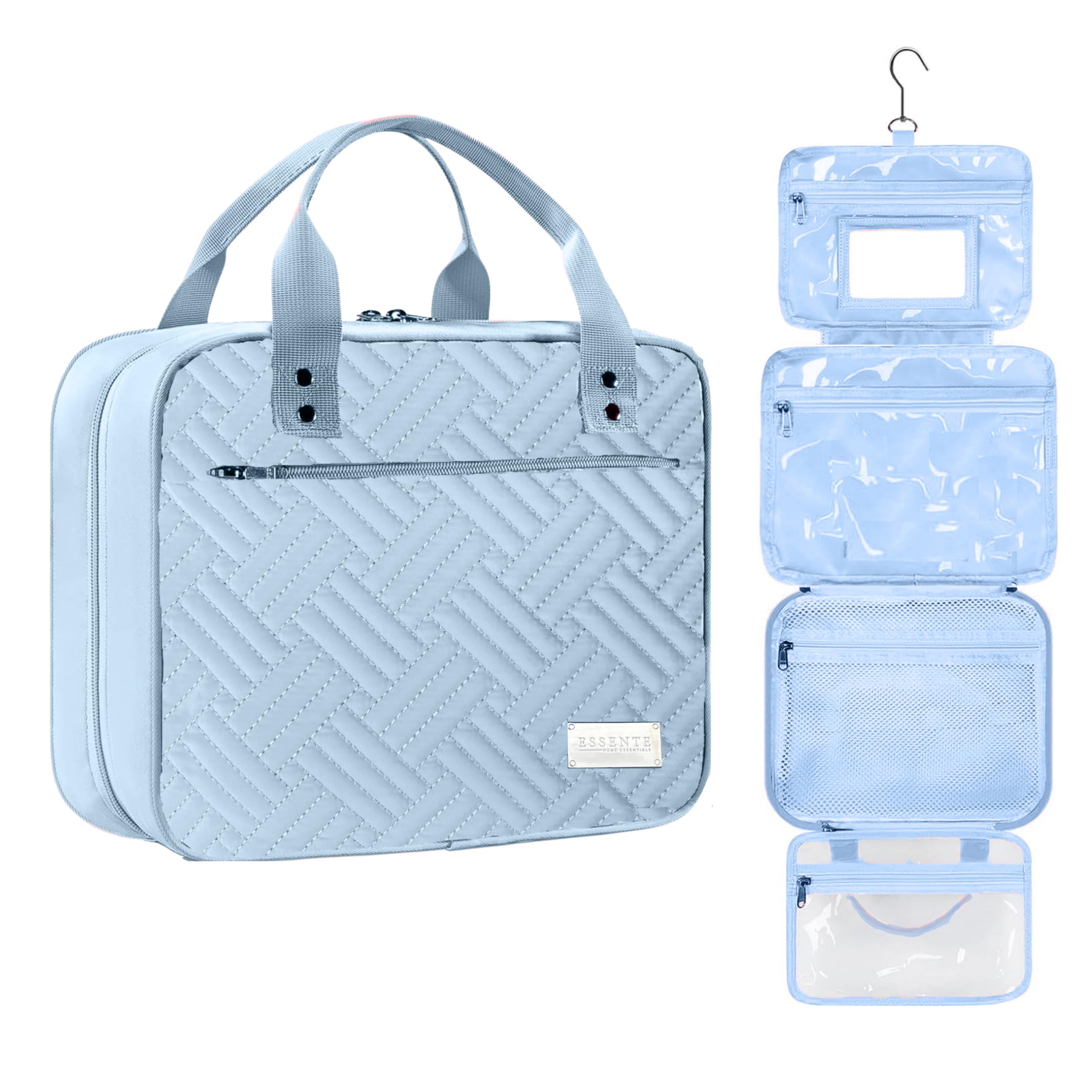 ESSENTE - Neceser de viaje para mujer con bolsa extraíble y gancho para colgar, organizador de cosméticos de maquillaje resistente al agua con múltiples compartimentos para accesorios, Azul