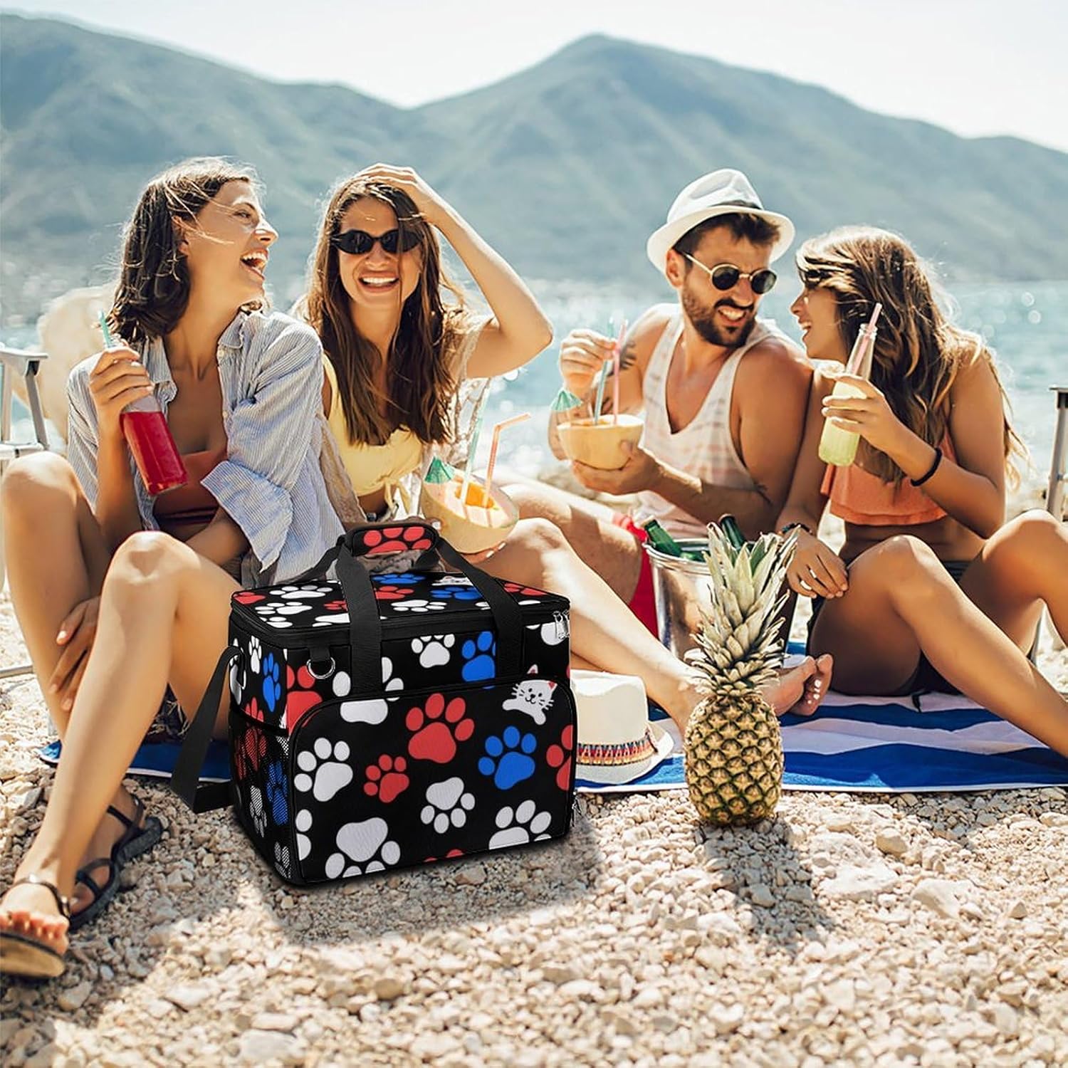 Insulated Picnic Backpack Tote Bag, Large Capacity 30L Red Blue White Dogs and Cats Paws Cooler Bag Leakproof Beach Bags Portable Lunch Box Waterproof Picnic Basket for Beach Camping BBQ