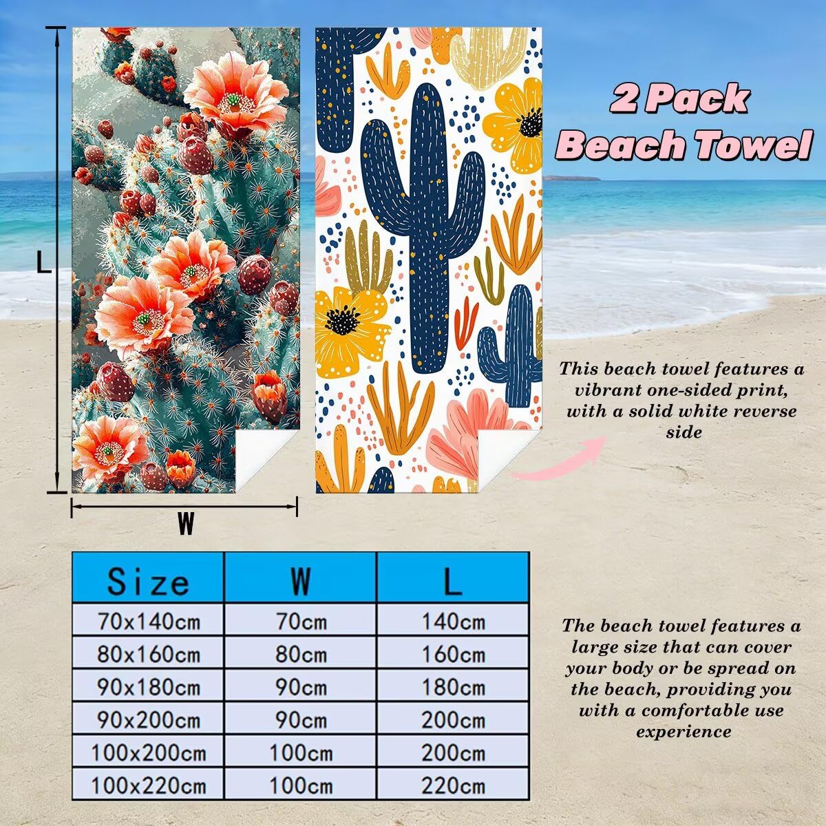 Toalla Playa 100x200 cm, Toalla Gimnasio Microfibra Secado Rapido, Juego de 2 Antiarena Toallas de Playa, Ligera Compacta Toallas Microfibra Grande para Viaje, Regalo Hombre Mujer (Cactus) -5091