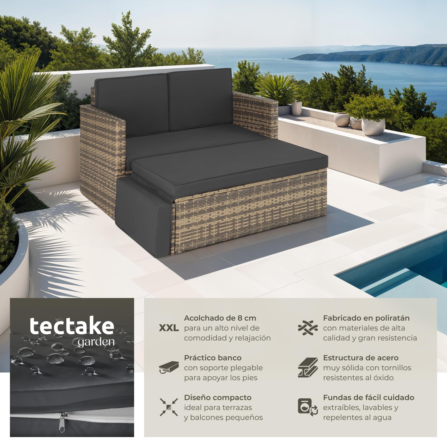 TecTake® Sofá de Ratán con Taburete Reposapiés, Conjunto Jardín Sillón 2 Plazas, Mueble Jardín Exterior con Cojines Gruesos, Conjunto Terraza Resistente a la Intemperie y Estructura en Acero - Natural