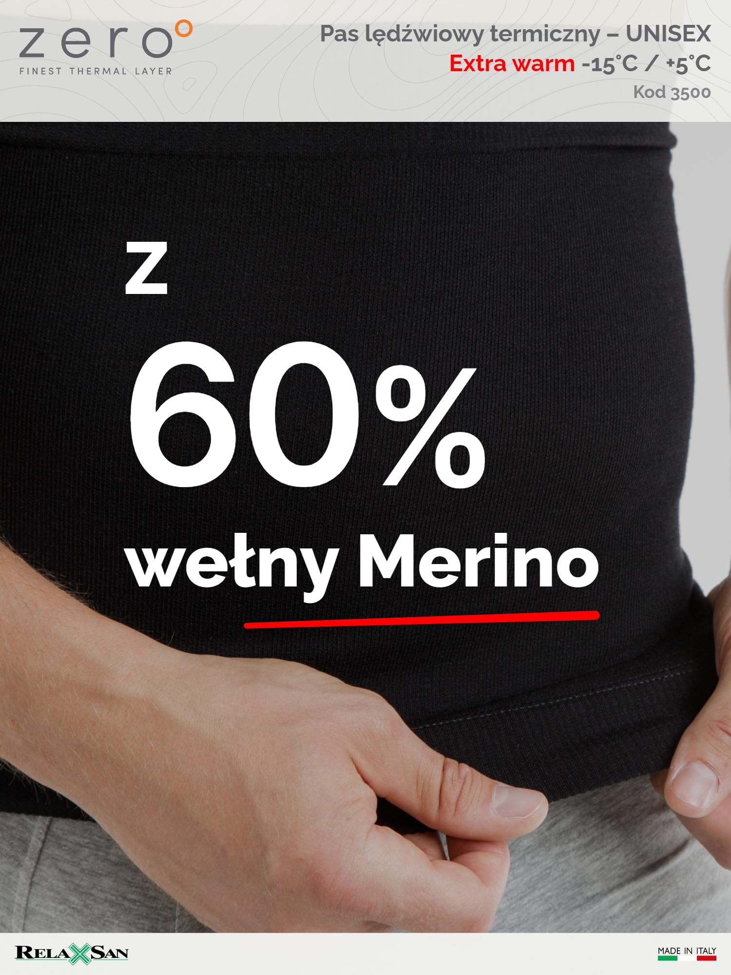 Relaxsan Zero 3500 Termoaktywny Pas Lędźwiowy Unisex Ciepły Miękki Wełna Merynosowa