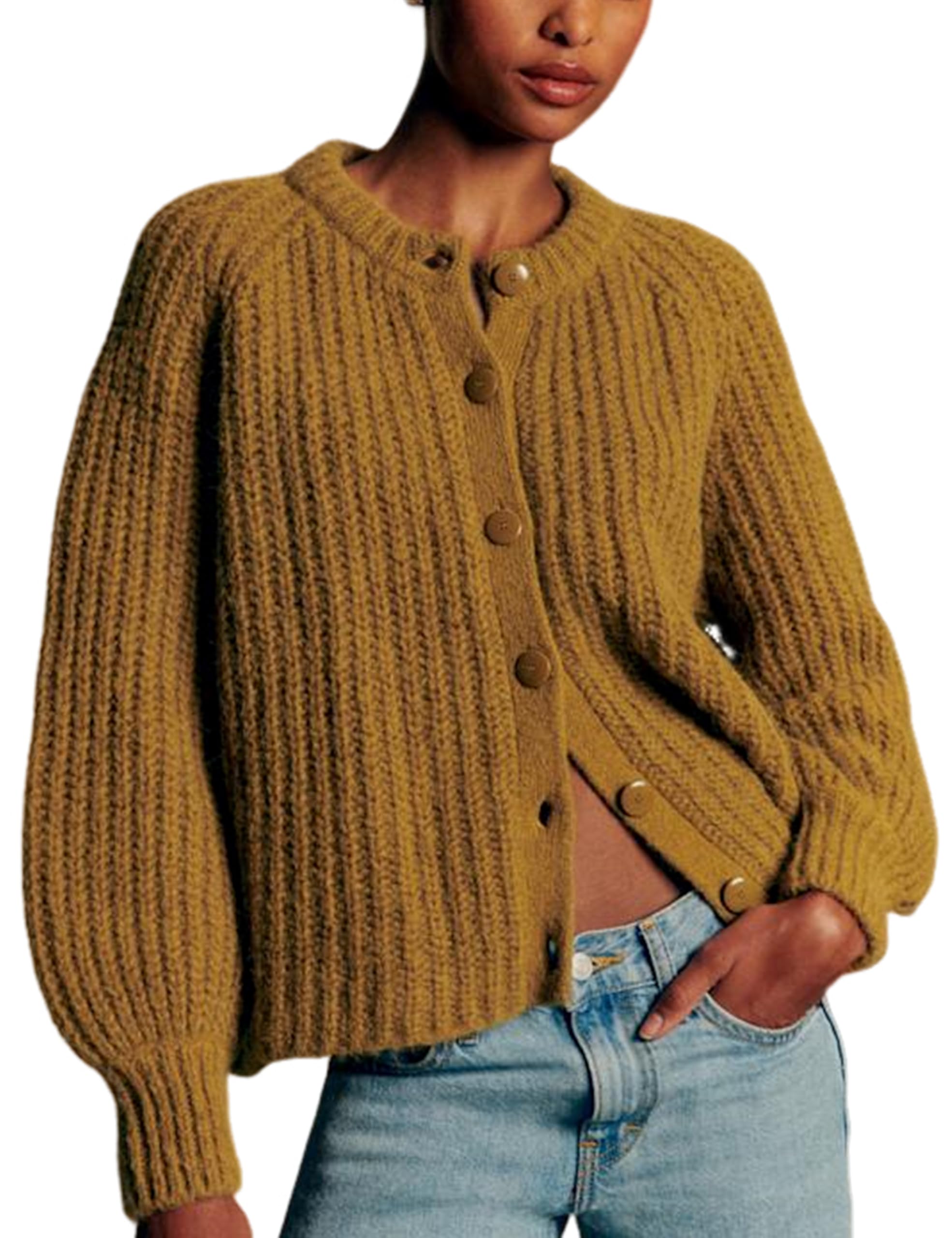 Bianstore Womens Casual Long Sleeve Crewneck Button Down Cardigan Sweater Knit Outwear