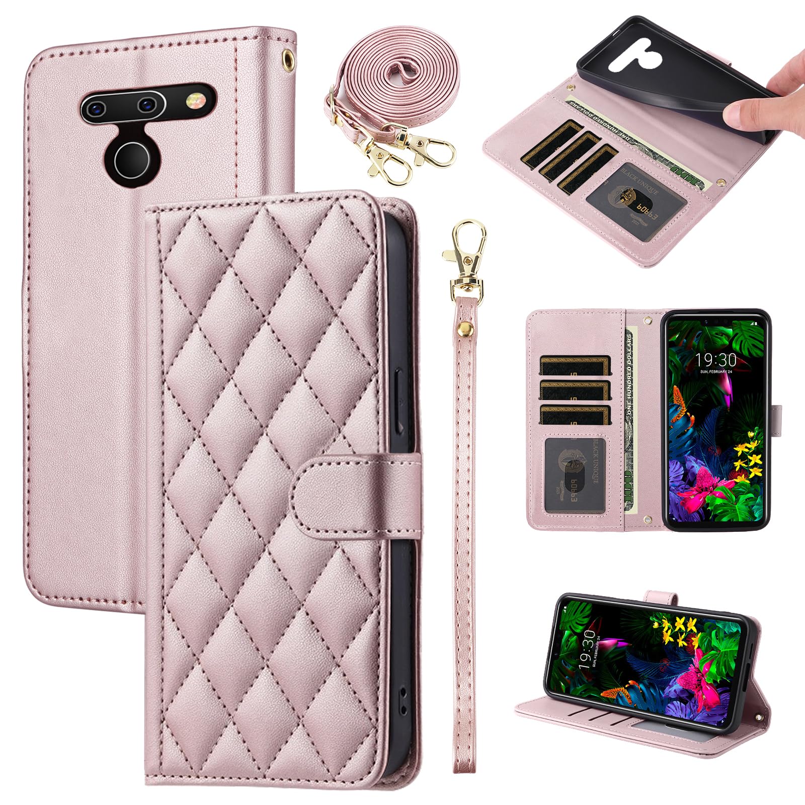Furiet Argyle Wallet Case for LG G8 ThinQ with Wrist Strap Shoulder Strap Card Slot Folio Purse Luxury PU Leather Stand Accessories Cell Phone Cover