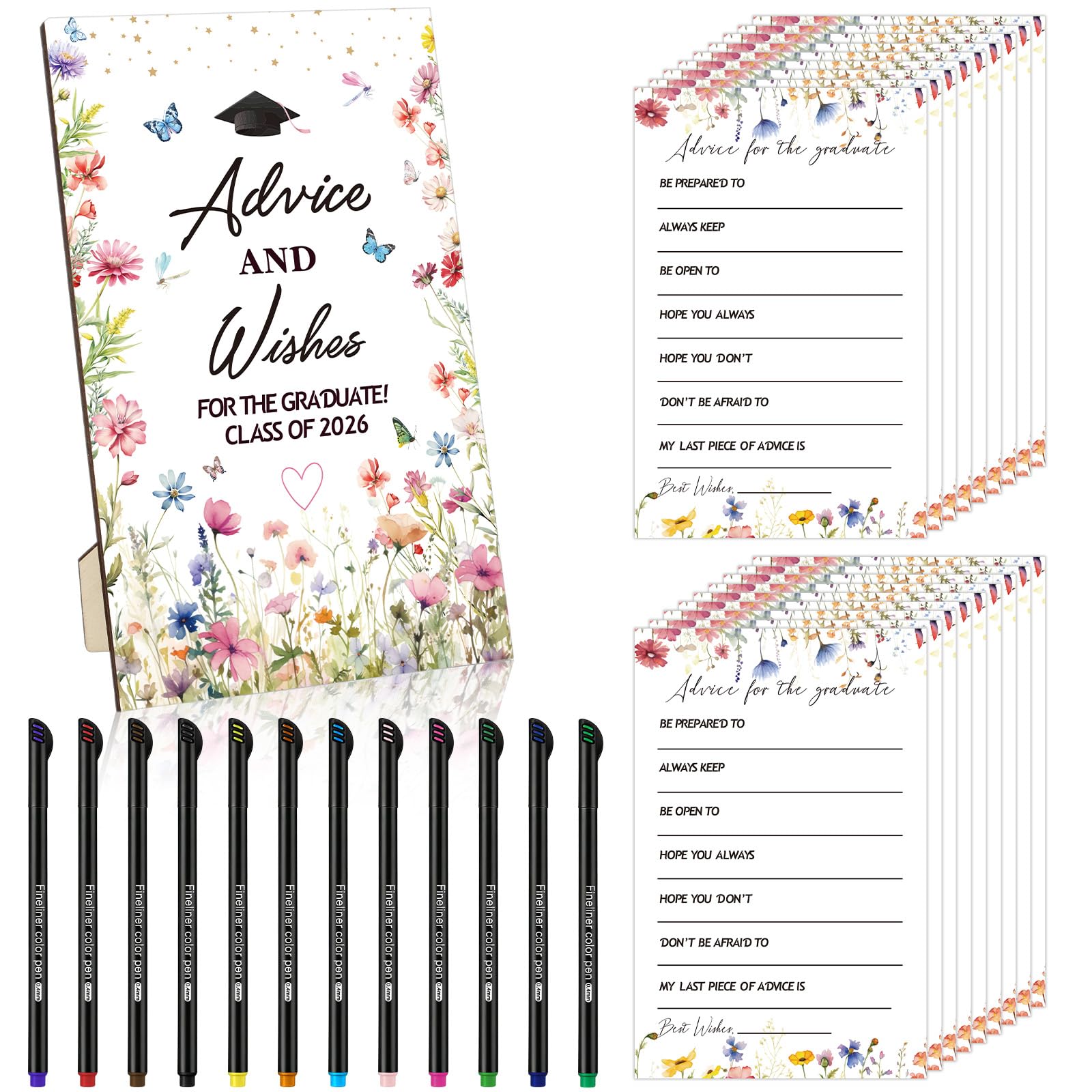 Photo 1 of Yinkin 113 Pcs Wildflower Graduation Party Favors Include Wooden Advice and Wishes Sign 100 Pcs Class of 2026 Graduation Advice Cards with 12 Fineliner Ink Pens for College Graduate Party