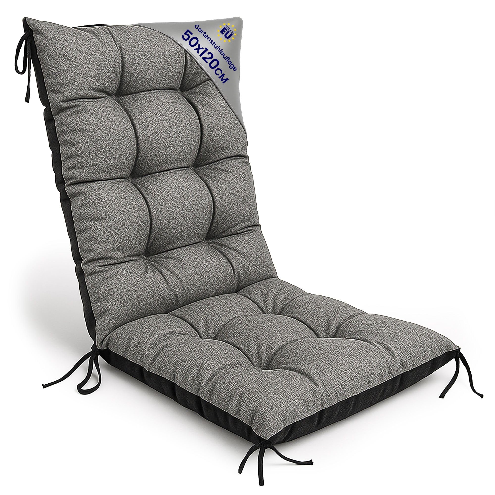 Amazinggirl Cojín Silla Jardín Respaldo Alto 50x120 cm - Colchón Asiento Exterior Mueble Patio Confort Impermeable Grueso Protección Gris Lino ecológico Terraza Sol