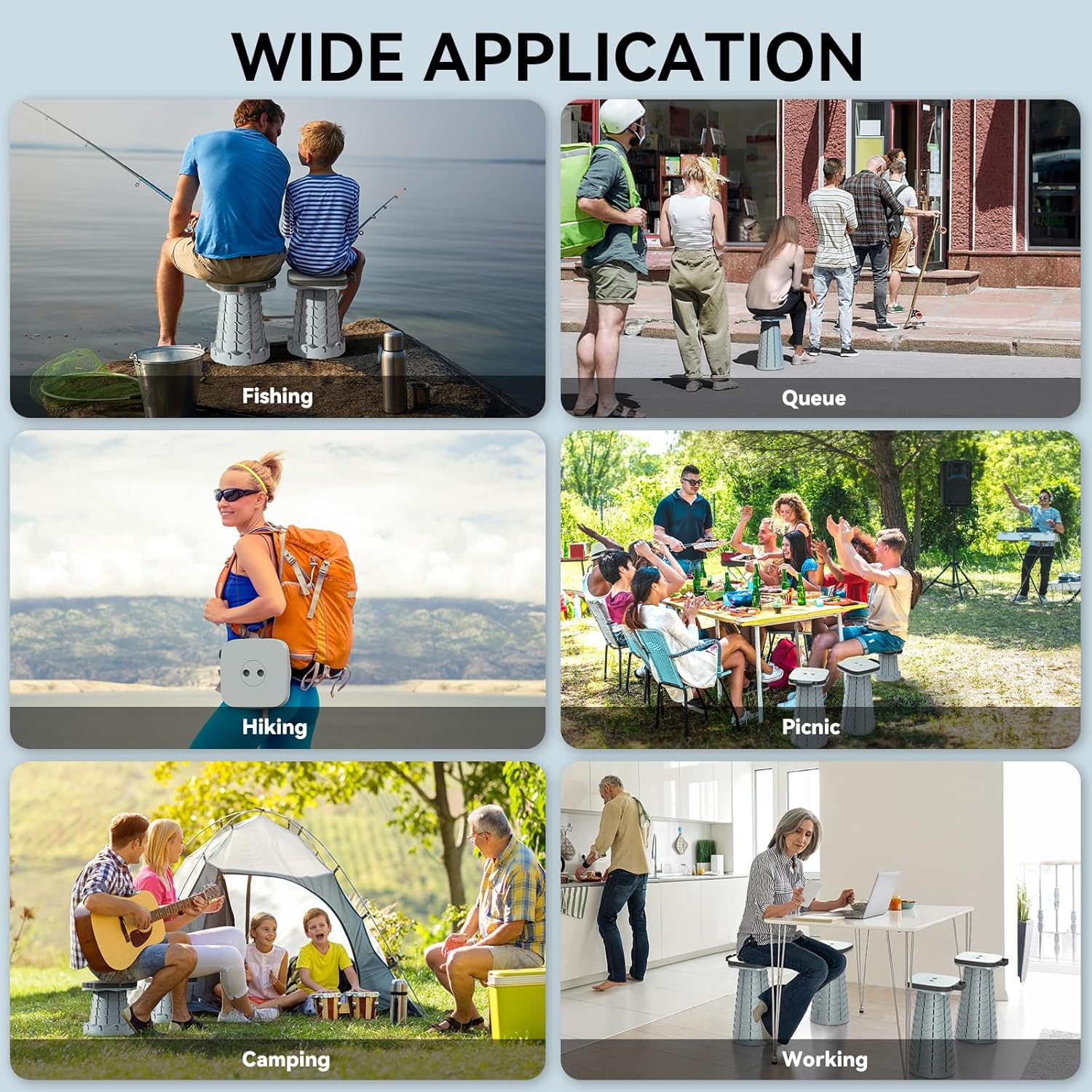 Retractable Stool[Cyan] and Collapsible Stool[Rainbow Red] and Camping Seat[Black]