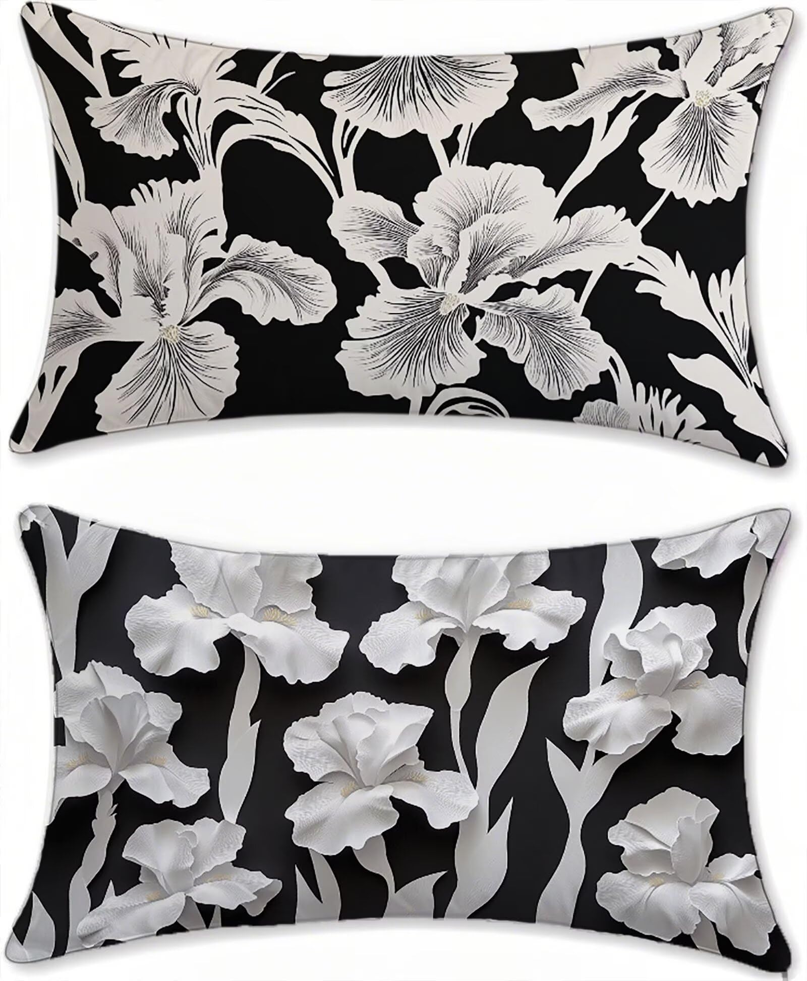 Housse coussin extérieur imperméable 60x90cm noir et blanc lot de 2 fleurs