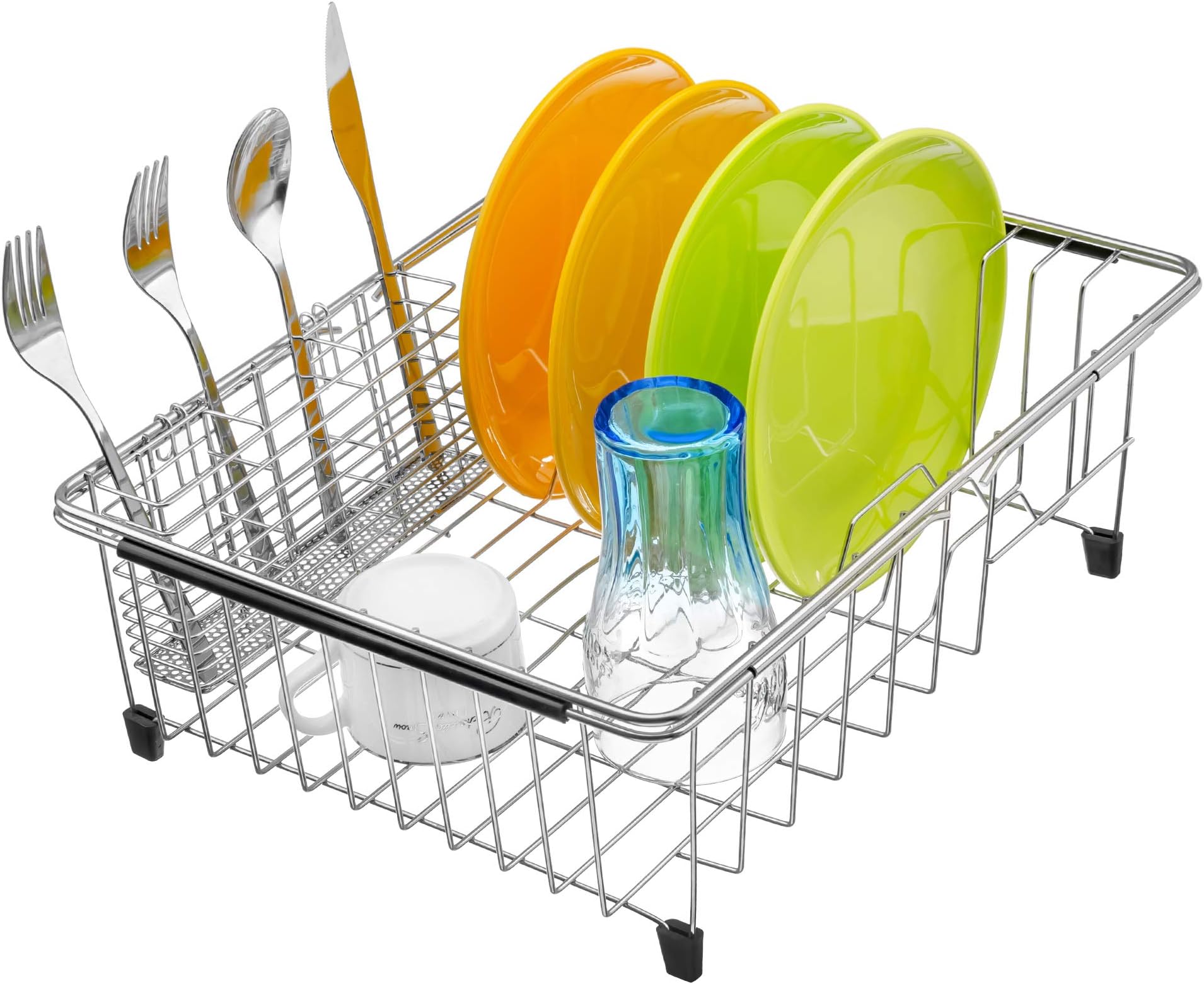 Dish Sink Drainer, Dish Drying Rack Over Sink, Extendable Dish Drainer with Removable Cutlery Holder, Dish Rack in Sink or On Counter, Plate Rack Drainer for Kitchen