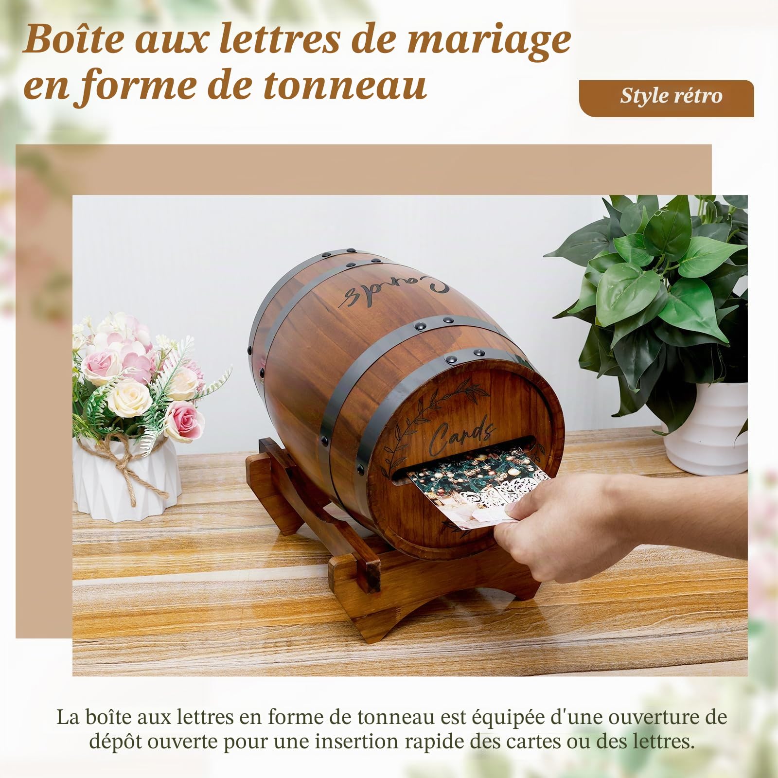 Boîte de rangement en bois pour cartes de mariage en forme de baril de whisky - Housse de rangement pour argent - Housse pour mariage, douche nuptiale, fête d'anniversaire - Décor (brun)