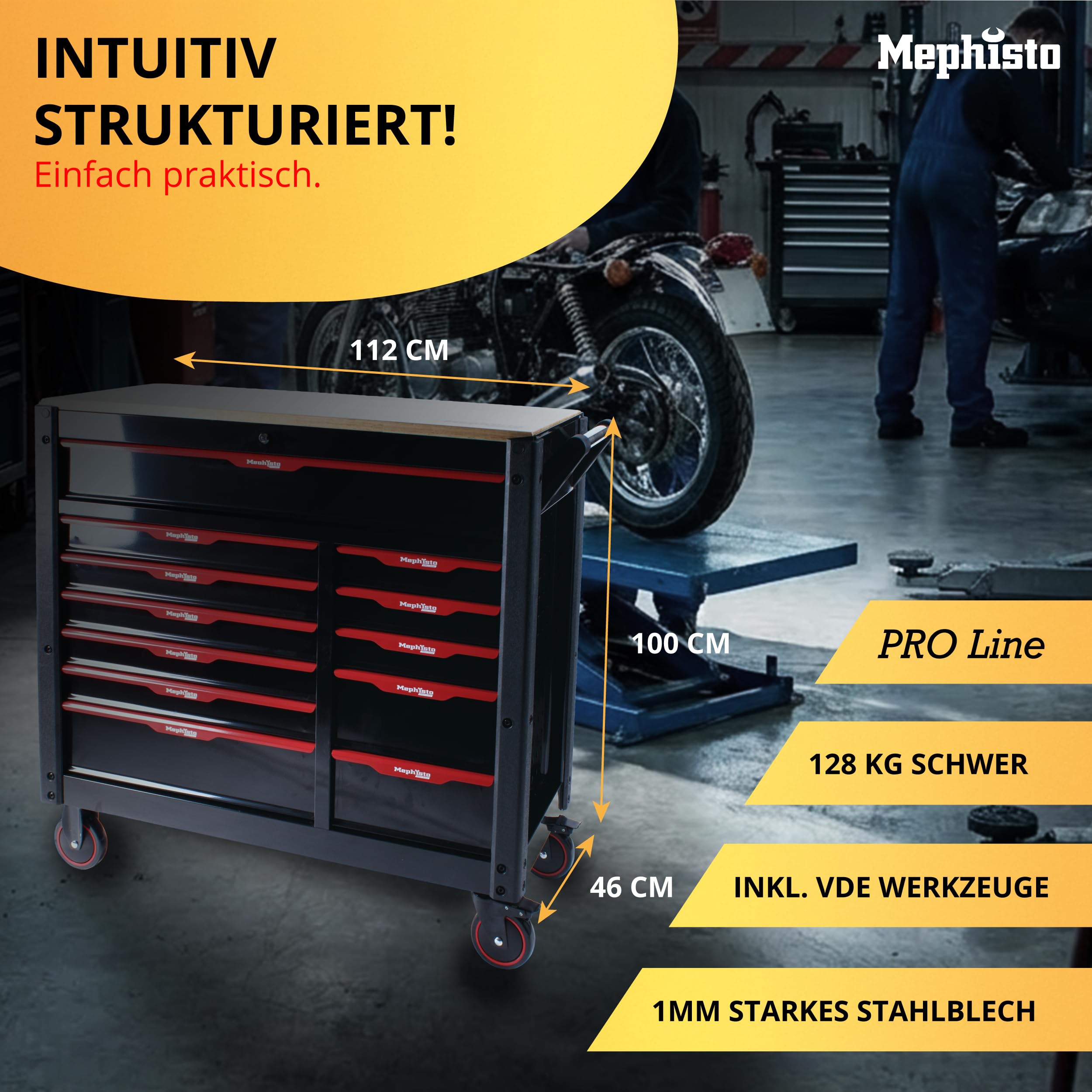 Mephisto Pro-Line BIG Werkzeugwagen Werkstattwagen gefüllt mit 12 Schubfächer davon 11 inkl. Werkzeug wie VDE Schraubendreher, Ratsche mit Nusskasten, Schraubendreher-Set in Soft Inlays in Carbon Lock