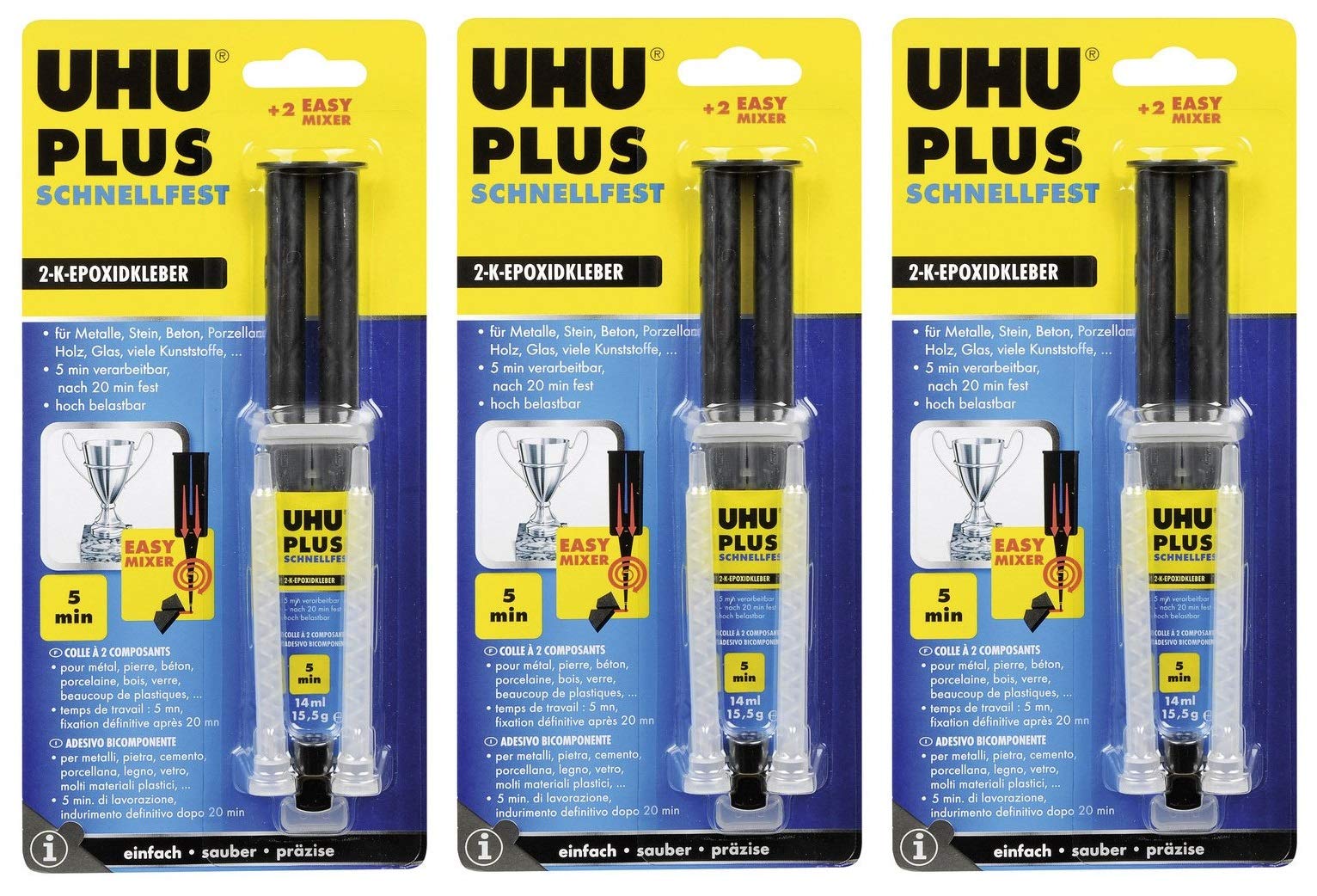 3x UHU 2-Komponentenkleber Plus Schnellfest, Schneller und glasklarer 2K-Klebstoff mit integriertem Mischer, 15,5 g
