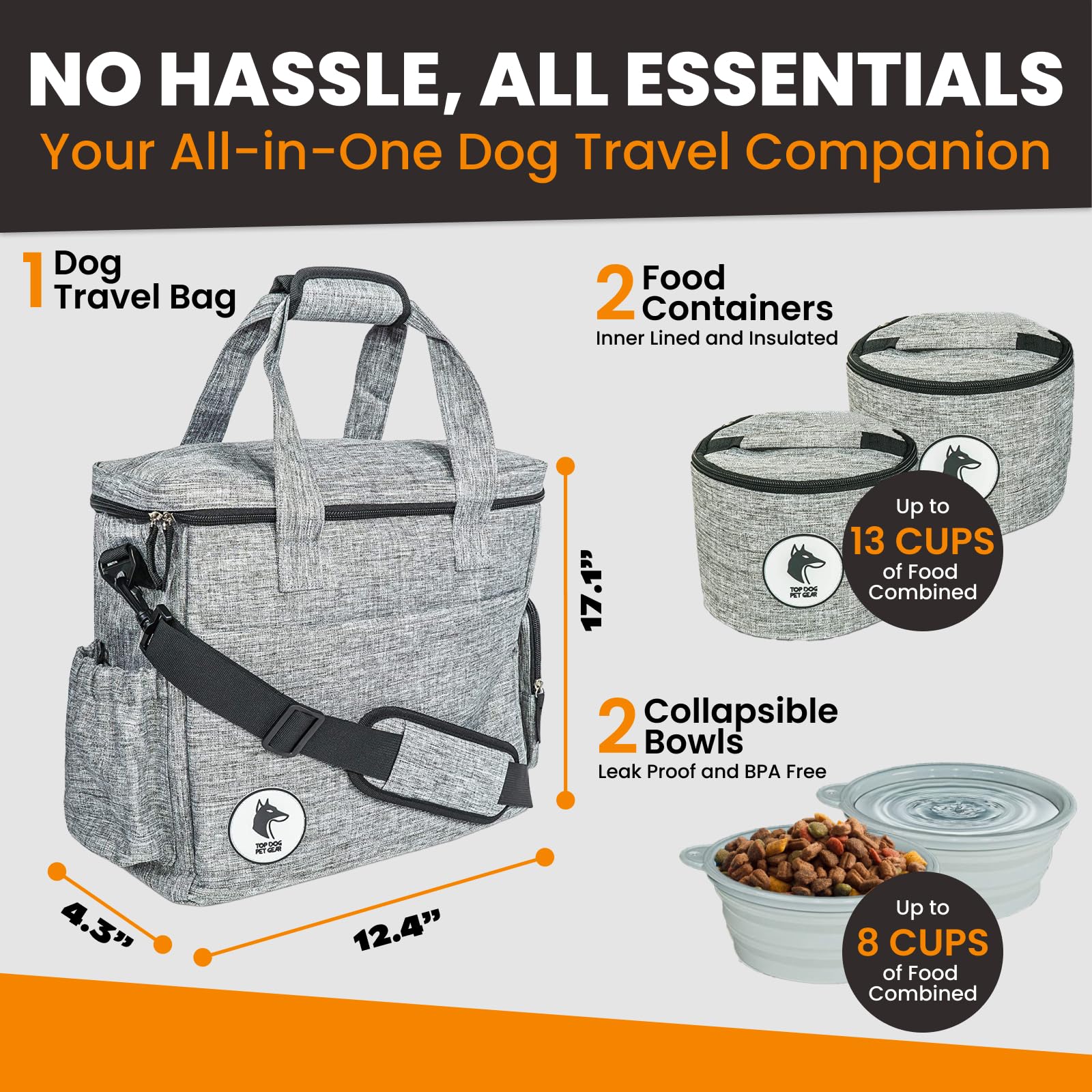 Bolsa de viaje gris para perros, incluye bolsa de viaje, cuencos de viaje para perros, almacenamiento de alimentos, bolsas para perros aprobadas por aerolíneas para viajes, accesorios