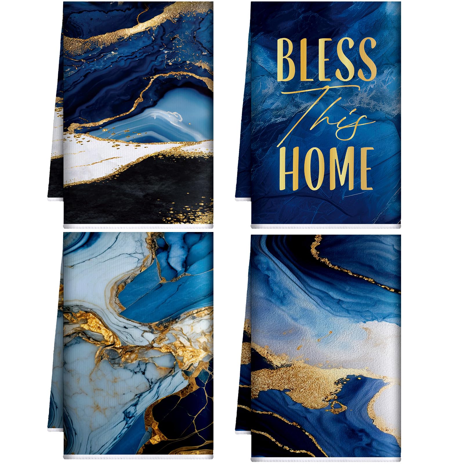 Bencailor 4 Pcs Decorative Kitchen Towels Absorbent 24 x 16 Inch Tea Hand Bath Towel Mermaid Butterfly Marble Dish Gift for Kitchen Bathroom Spa Sport Housewarming(Blue,Marble)