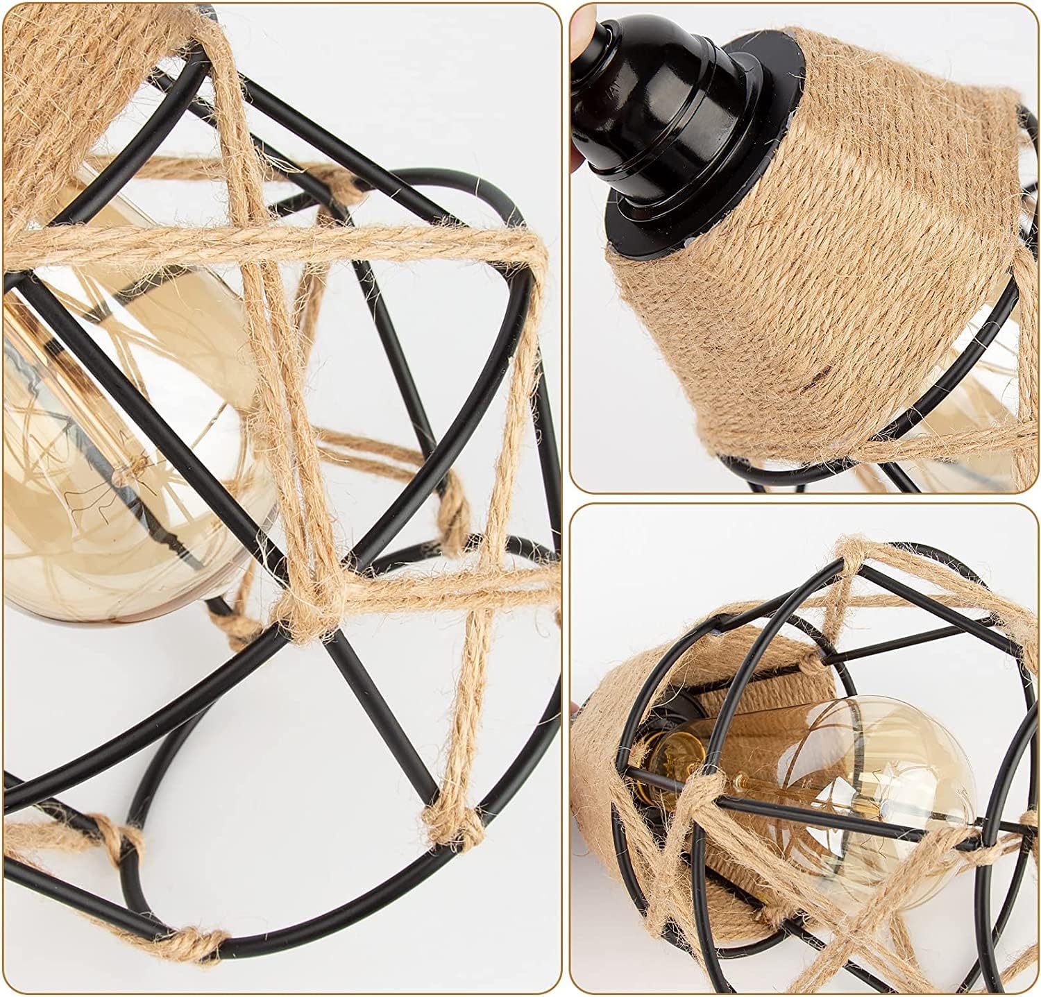 Vintage Boho Lamp Shades Rustic Industrial Woven Pendant Light Wall Sconces Lampshade Metal Bulb Guard Cage for Hanging Pendant Replacement - Hemp Rope Mini Wire Cage Farmhouse Light Fixture